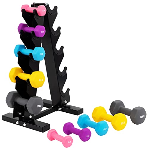 Neoprene Dumbbell Hand Weights, Anti-Slip, Anti-roll, Hex Shape Colorful, Pair or Set with Stand