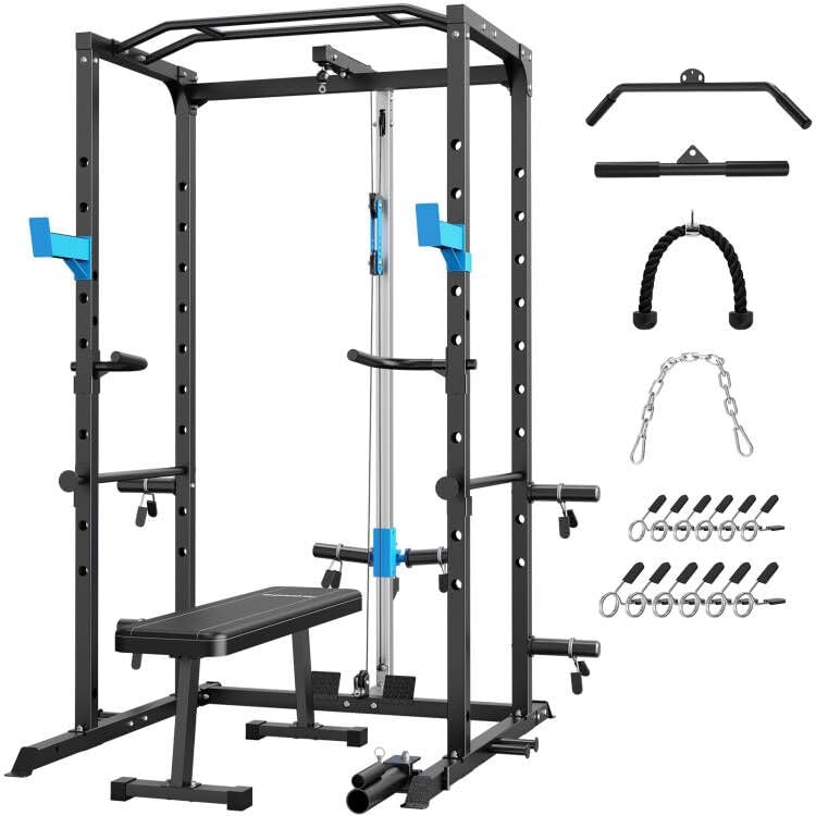 Power Cage, Multi-Functional Power Rack with J-Hooks, Dip Handles, Landmine Attachment and Optional Cable Pulley System for Home Gym