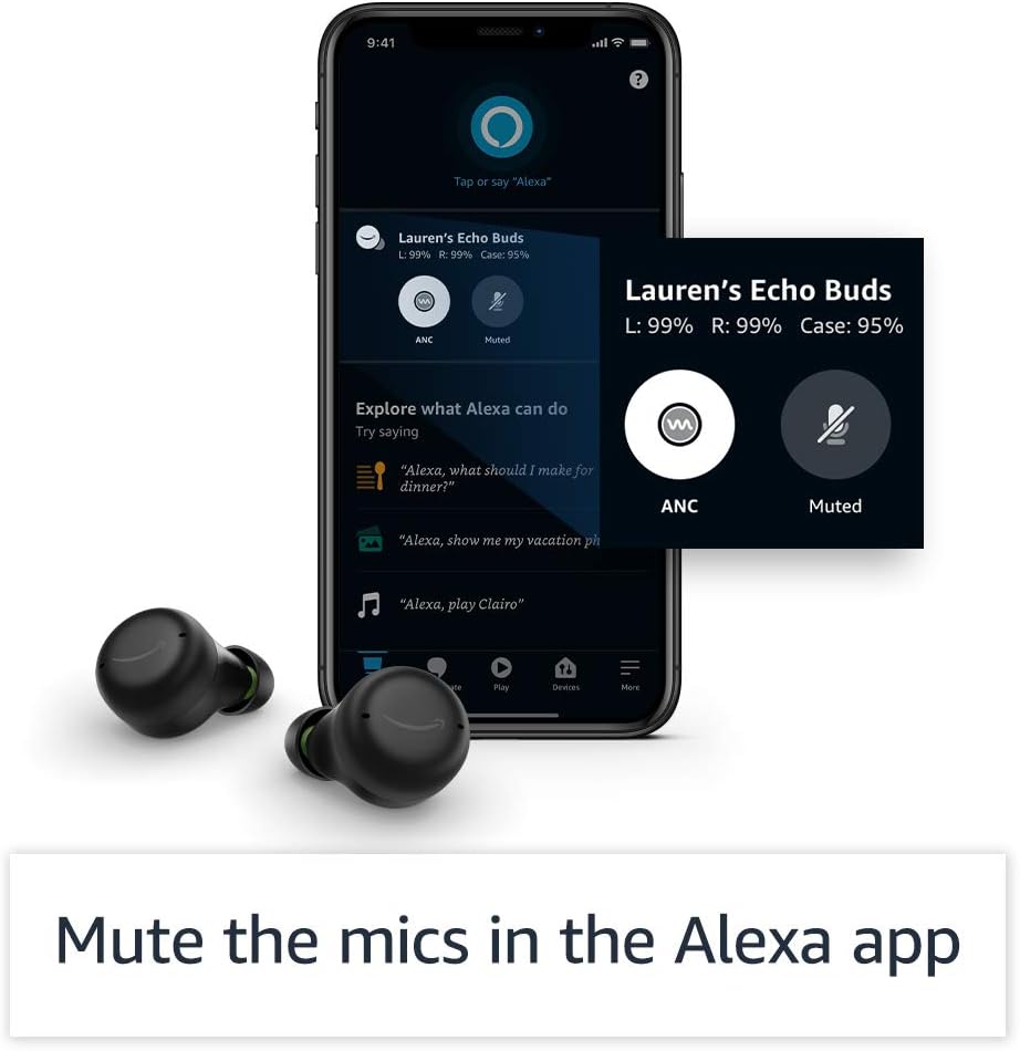 Amazon Echo Buds with Active Noise Cancellation (newest model), Wireless earbuds with active noise cancellation and Alexa, Wireless charging case, Glacier White