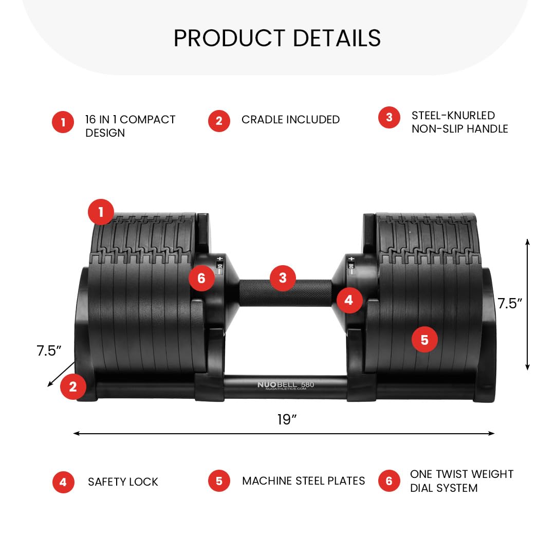 NUOBELL Adjustable Dumbbells Pair 5-80 lbs: the Adjustable Dumbbell Set and Free Weight Set to Replace 16 Sets of Dumbells. Add Nuobell Weights Dumbbells Set to Your Home Gym for Weight Bench and Dumbbell Bench Press Exercise.