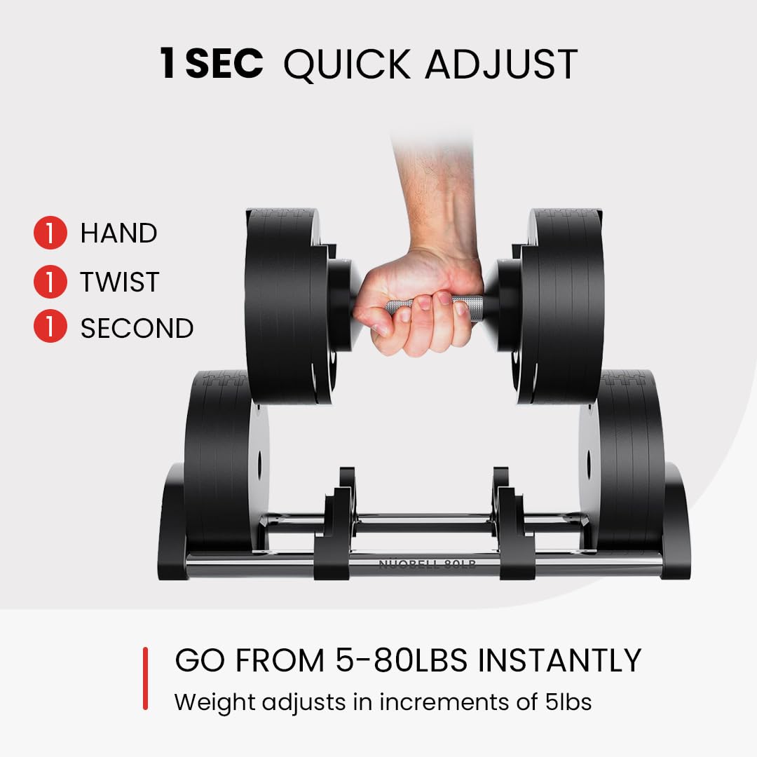 NUOBELL Adjustable Dumbbells Pair 5-80 lbs: the Adjustable Dumbbell Set and Free Weight Set to Replace 16 Sets of Dumbells. Add Nuobell Weights Dumbbells Set to Your Home Gym for Weight Bench and Dumbbell Bench Press Exercise.