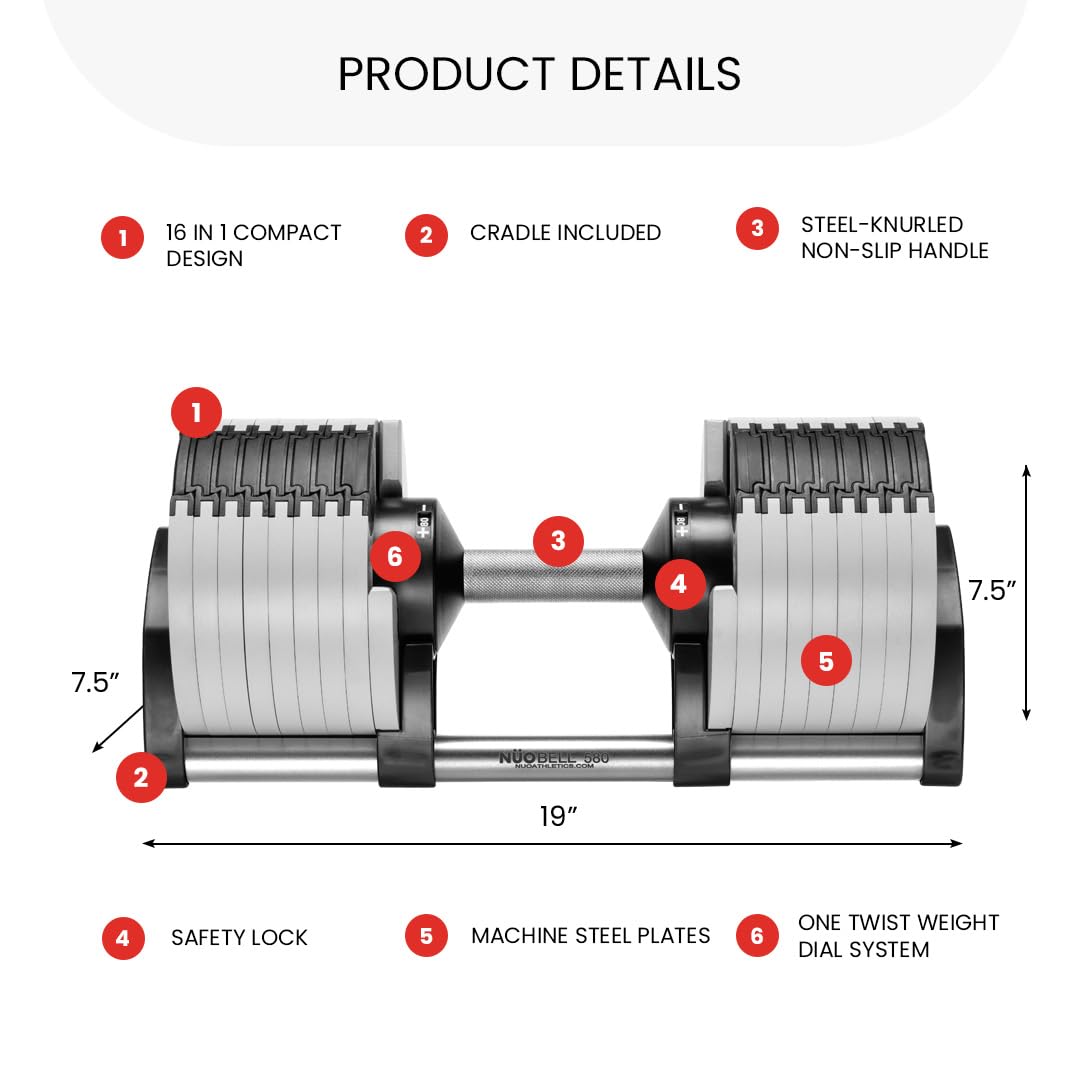 NUOBELL Adjustable Dumbbells Pair 5-80 lbs: the Adjustable Dumbbell Set and Free Weight Set to Replace 16 Sets of Dumbells. Add Nuobell Weights Dumbbells Set to Your Home Gym for Weight Bench and Dumbbell Bench Press Exercise.