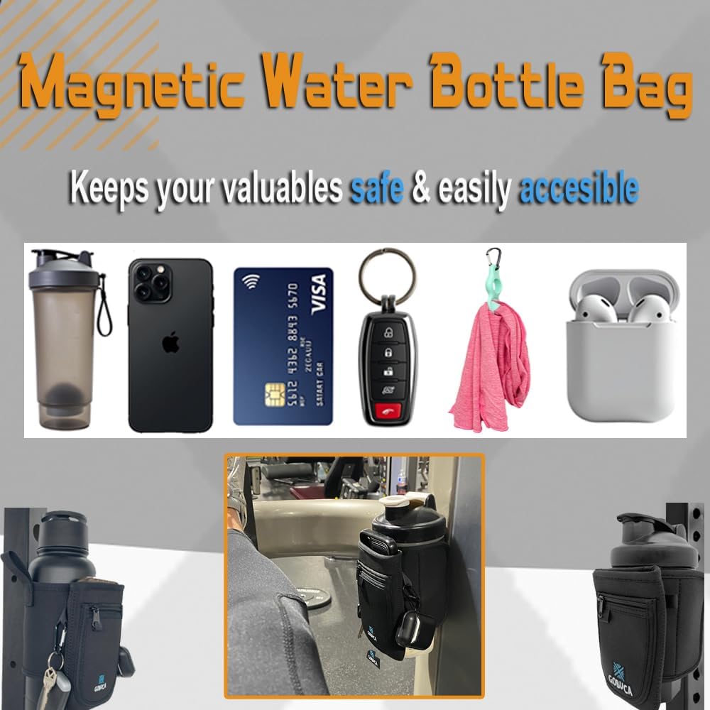 Magnetic Water Bottle Holder for Gym - Multi Purpose Magnetic Bag for Gym, Office & Travel - Gym Bag Magnetic Holder - Magnetic Gym Pouch - Holds phone, cards, keys & ear buds- Fits many sizes