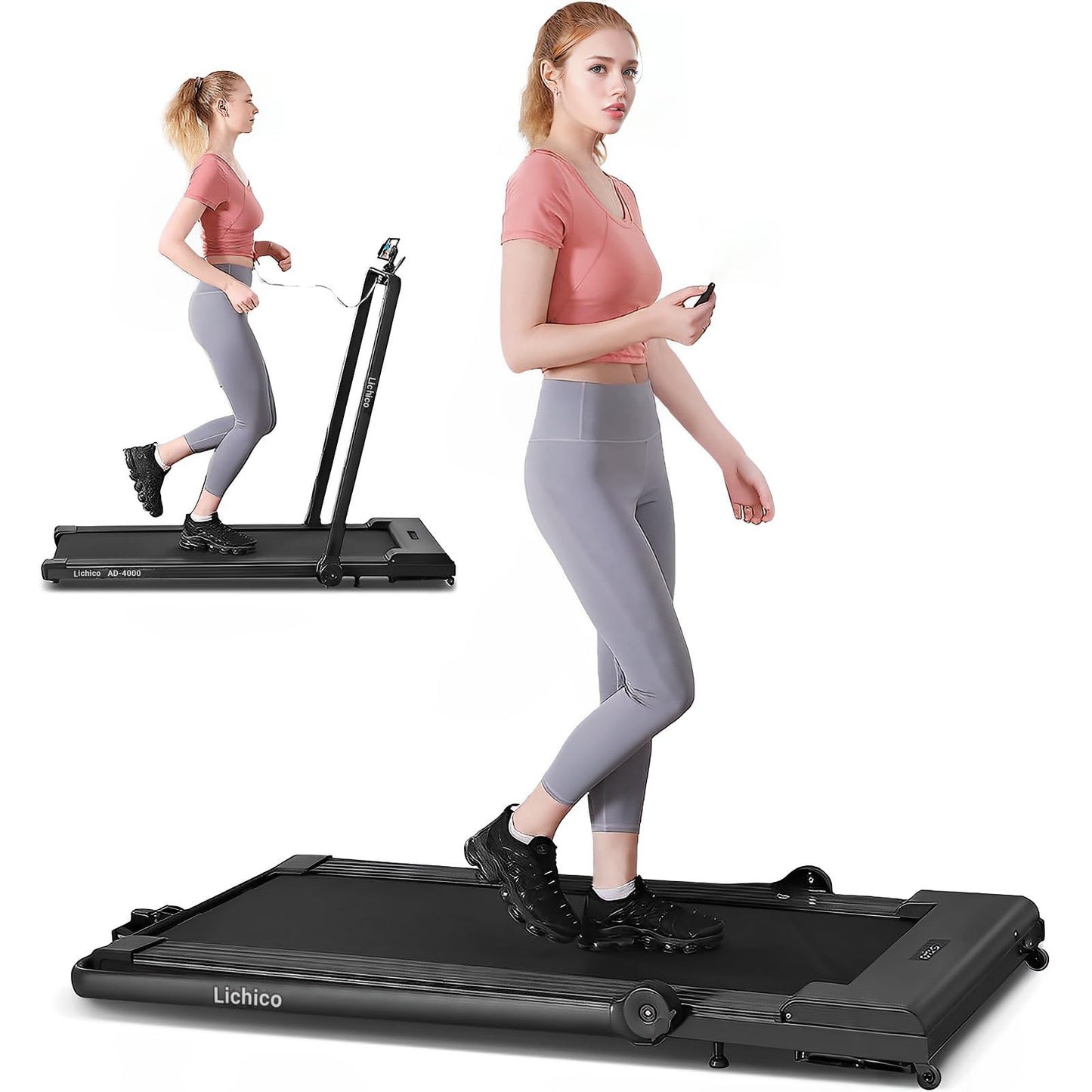 Lichico Walking Pad Under Desk Treadmill，Portable Small Treadmills for Home and Office，Super Quiet Brushless Motorized Walking Jogging Running Machine with Remote Control