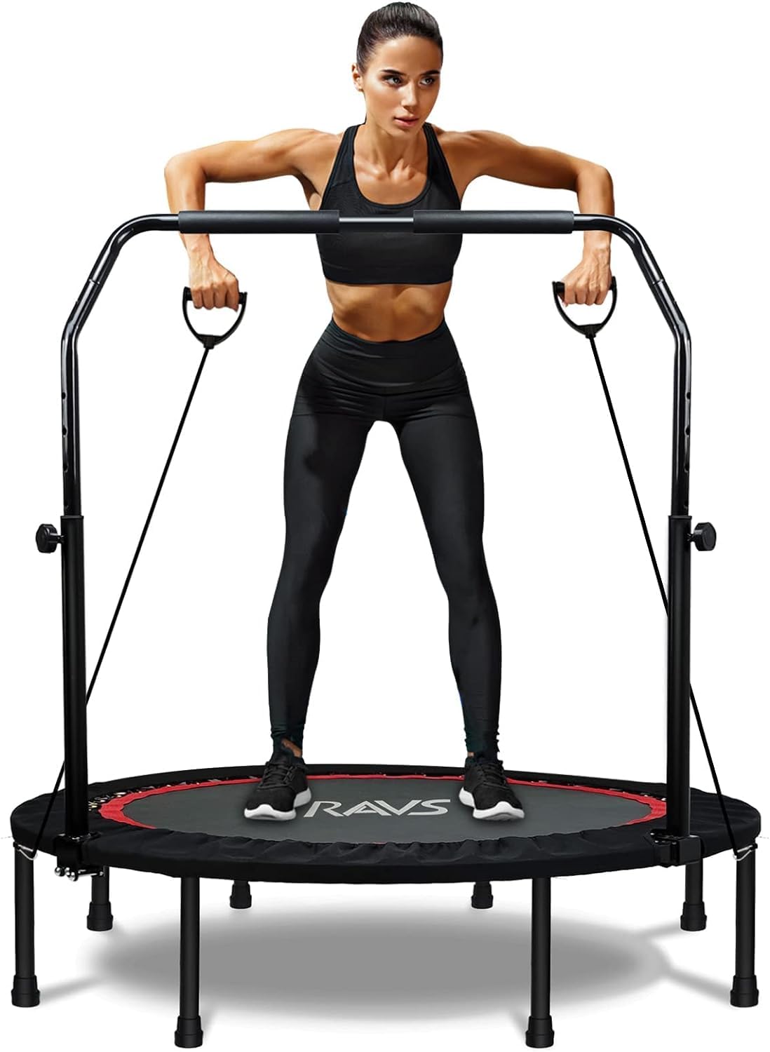 RAVS Mini Trampoline for Kids Adults 40"/48" Foldable Fitness Rebounder Kids Trampoline with 5 Levels Height Adjustable Handle Resistance Bands Indoor Workout