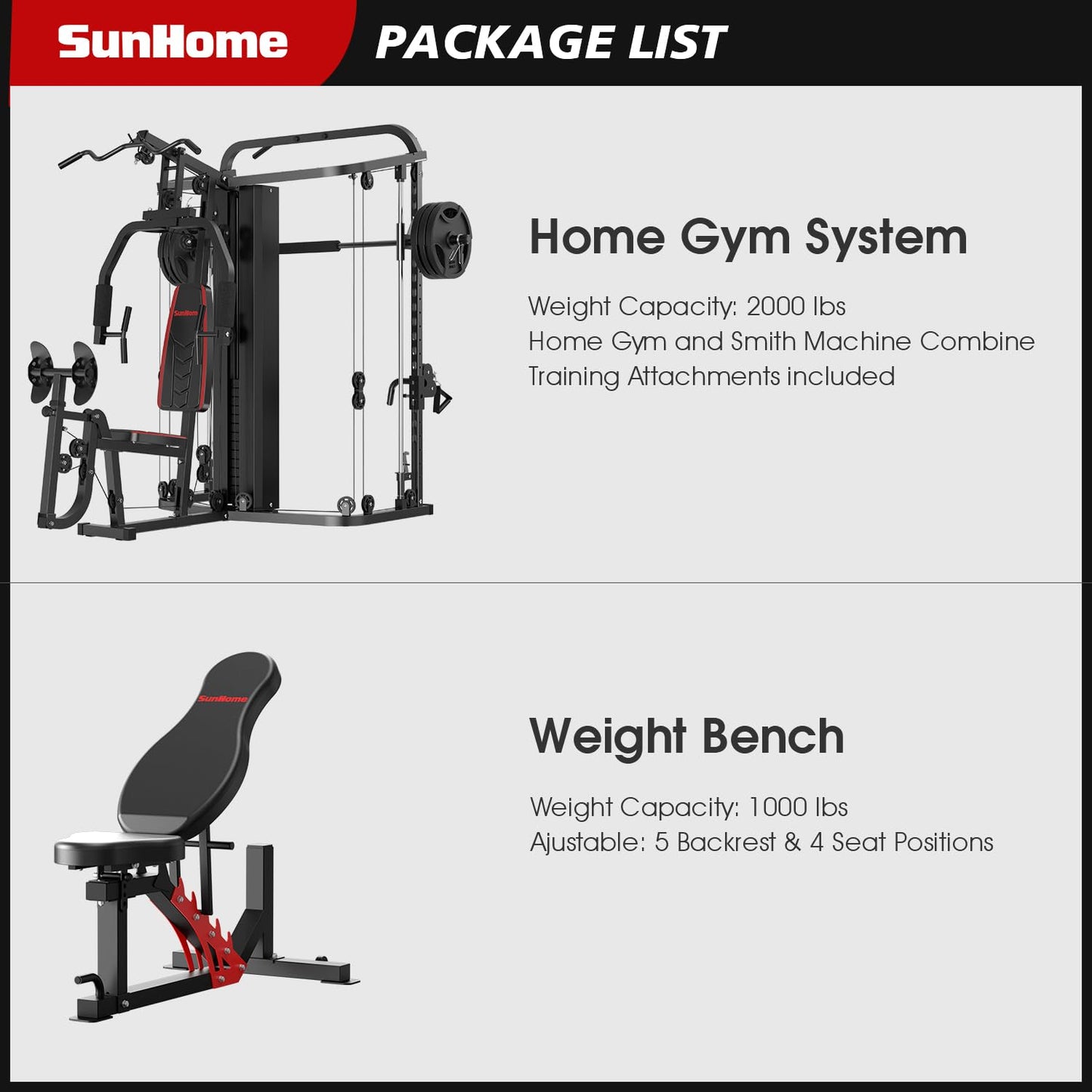 SunHome Multifunction Home Gym System Workout Station,Smith Machine with 138LB Weight Stack, Leg Press, LAT Station for Full Body Training