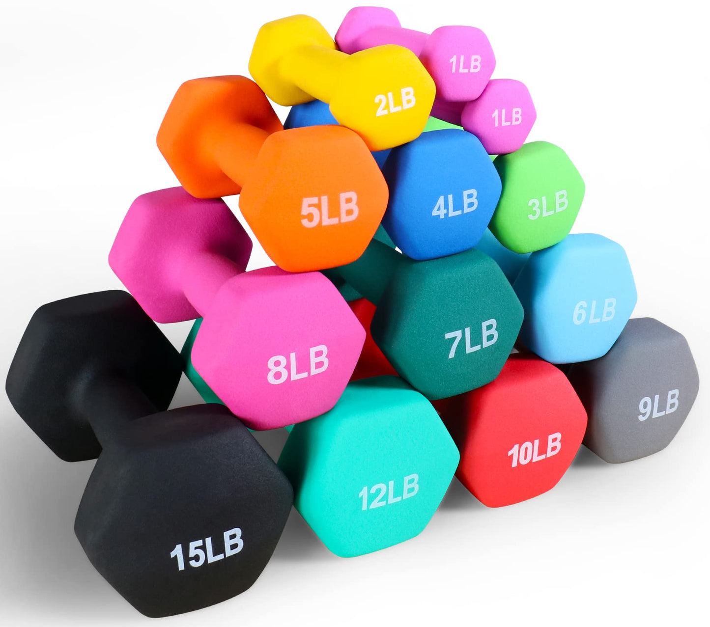 Neoprene Dumbbell Hand Weights, Anti-Slip, Anti-roll, Hex Shape Colorful, Pair or Set with Stand