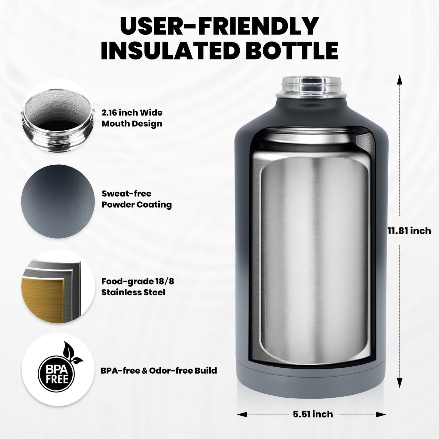 Insulated Water Bottle 64 oz, Triple Wall Vacuum Stainless Steel (Cold for 48 Hrs), Leak Proof & Non-BPA, Half Gallon Water Flask Jug with Paracord Handle & Straw Spout Lids, Magic Black