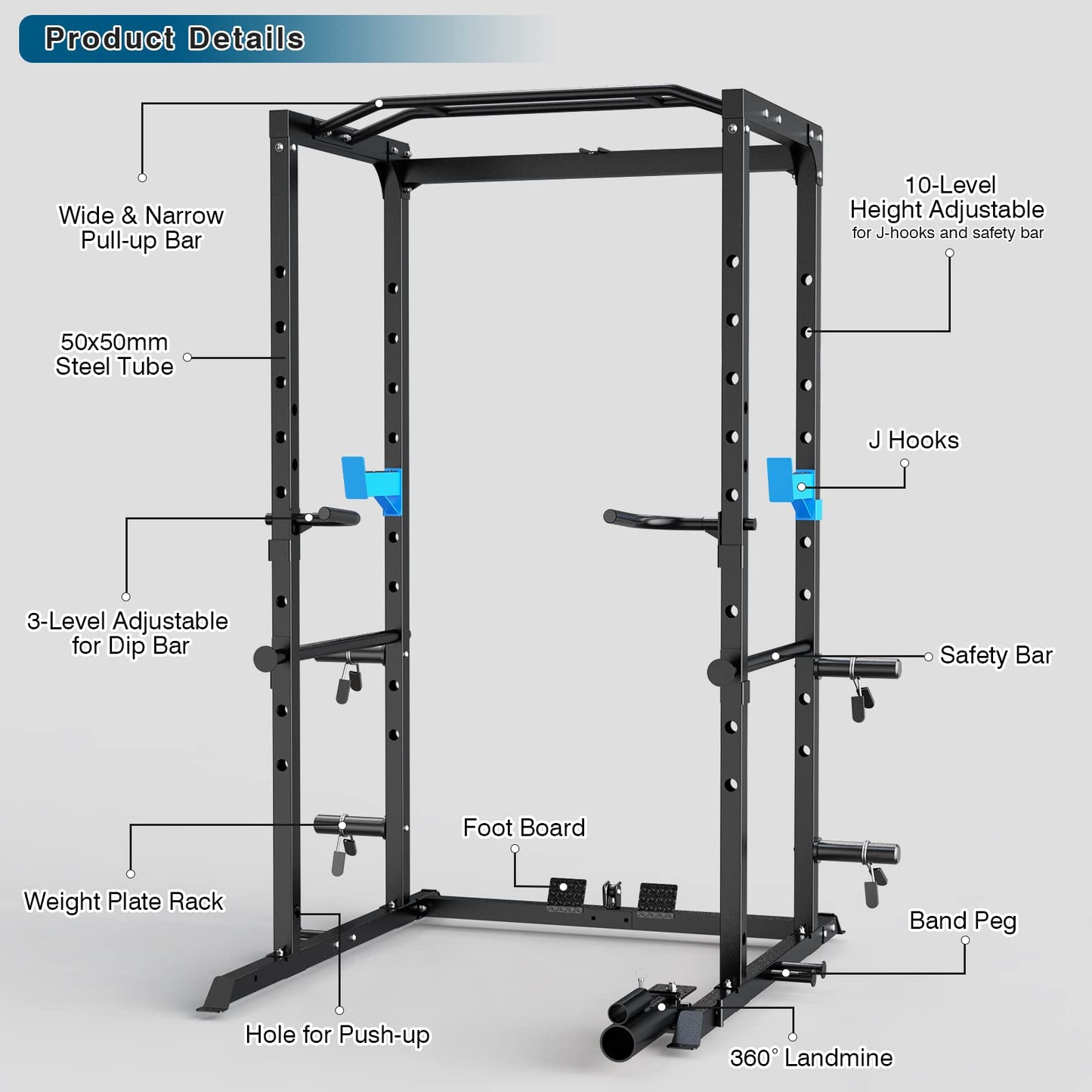 Power Cage, Multi-Functional Power Rack with J-Hooks, Dip Handles, Landmine Attachment and Optional Cable Pulley System for Home Gym