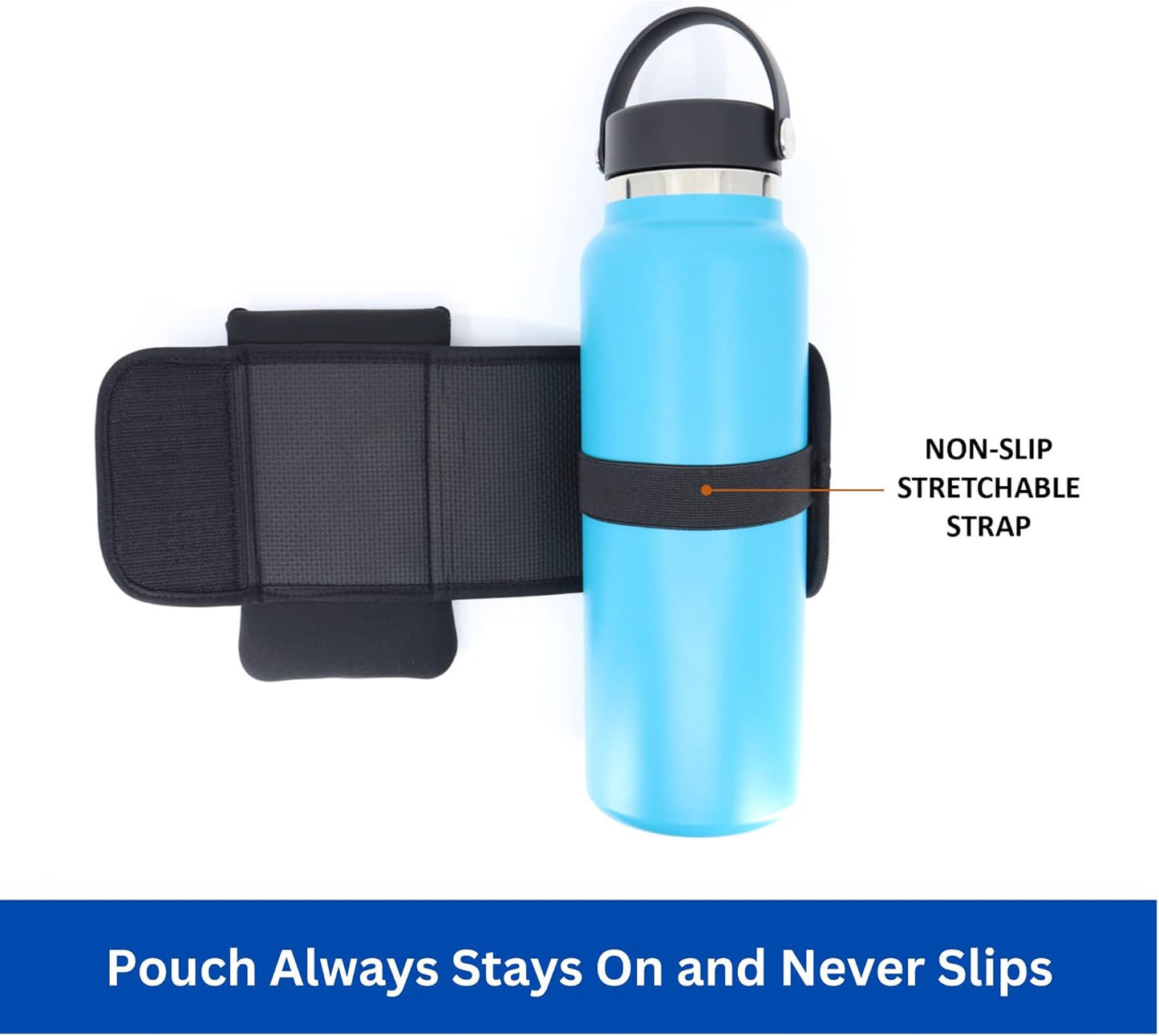 Magnetic Water Bottle Sleeve Pouch. Attaches Magnetically to Metal Surface so Your Bottle is Always within Reach. Accessory Pockets for Cell Phones, Key, Cards, Headphones.