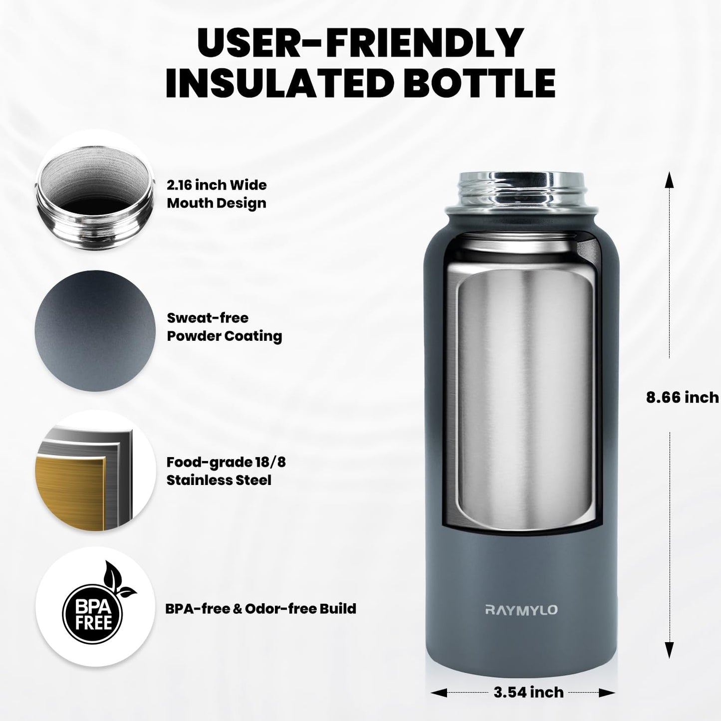 Insulated Water Bottle 64 oz, Triple Wall Vacuum Stainless Steel (Cold for 48 Hrs), Leak Proof & Non-BPA, Half Gallon Water Flask Jug with Paracord Handle & Straw Spout Lids, Magic Black