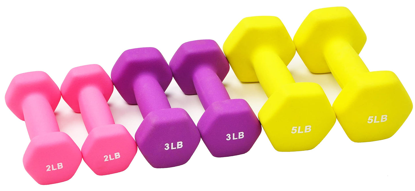 Neoprene Dumbbell Hand Weights, Anti-Slip, Anti-roll, Hex Shape Colorful, Pair or Set with Stand