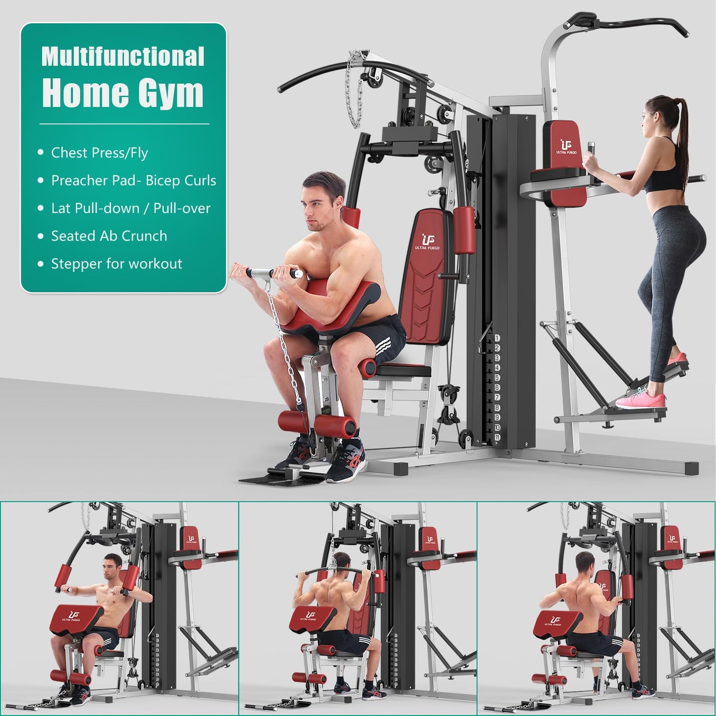 Multifunctional Home Gym Equipment Workout Station with Pulley System, Arm, and Leg Developer for Full Body Training