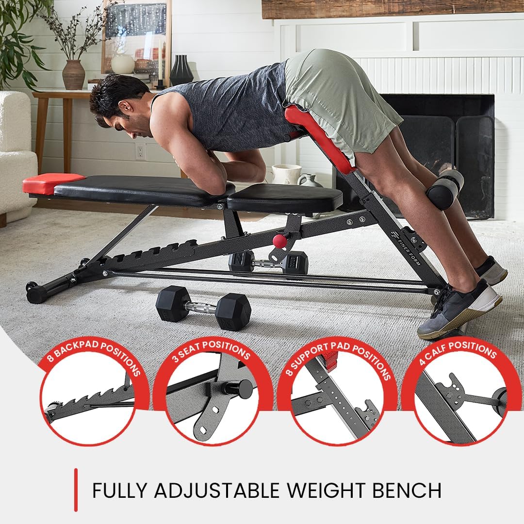 Finer Form Multi-Functional FID Weight Bench for Full All-in-One Body Workout – Hyper Back Extension, Roman Chair, Adjustable Ab Sit up Bench, Incline Decline Bench, Flat Bench