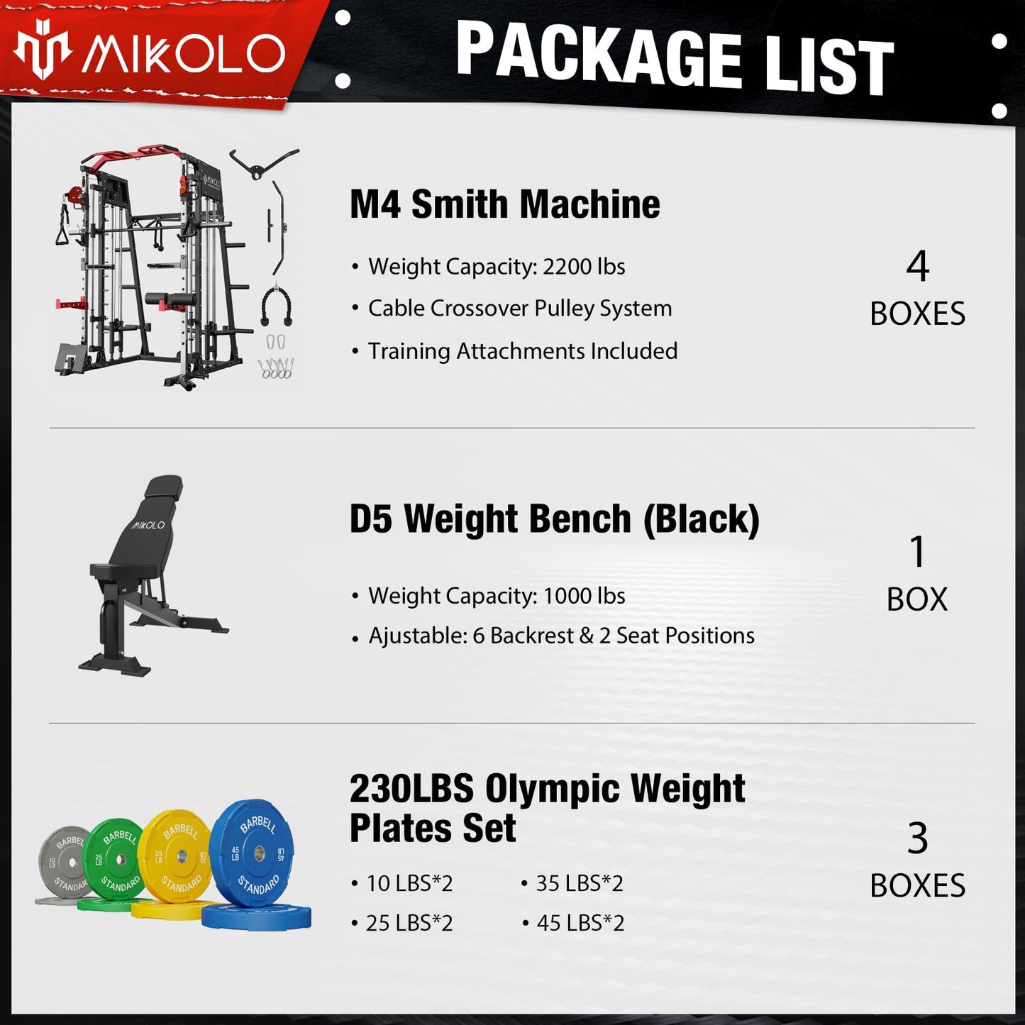 Mikolo Smith Machine, 2200lbs Squat Rack with LAT-Pull Down System & Cable Crossover Machine, Training Equipment with Leg Hold-Down Attachment, Garage & Home Gym Package