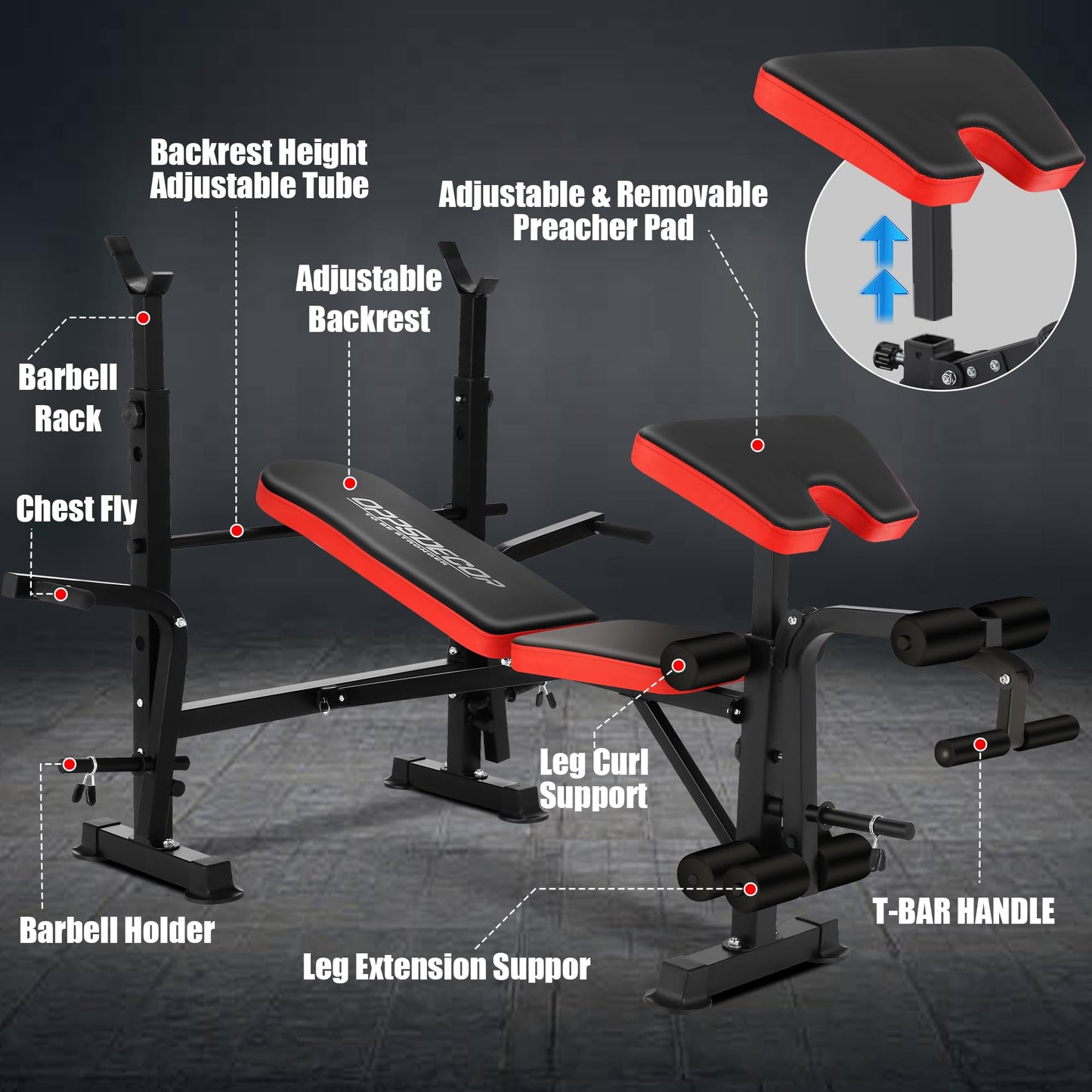 OPPSDECOR 660lbs 6 in 1 Weight Bench Set with Squat Rack Adjustable Workout Bench with Leg Developer Preacher Curl Rack Fitness Strength Training for Home Gym