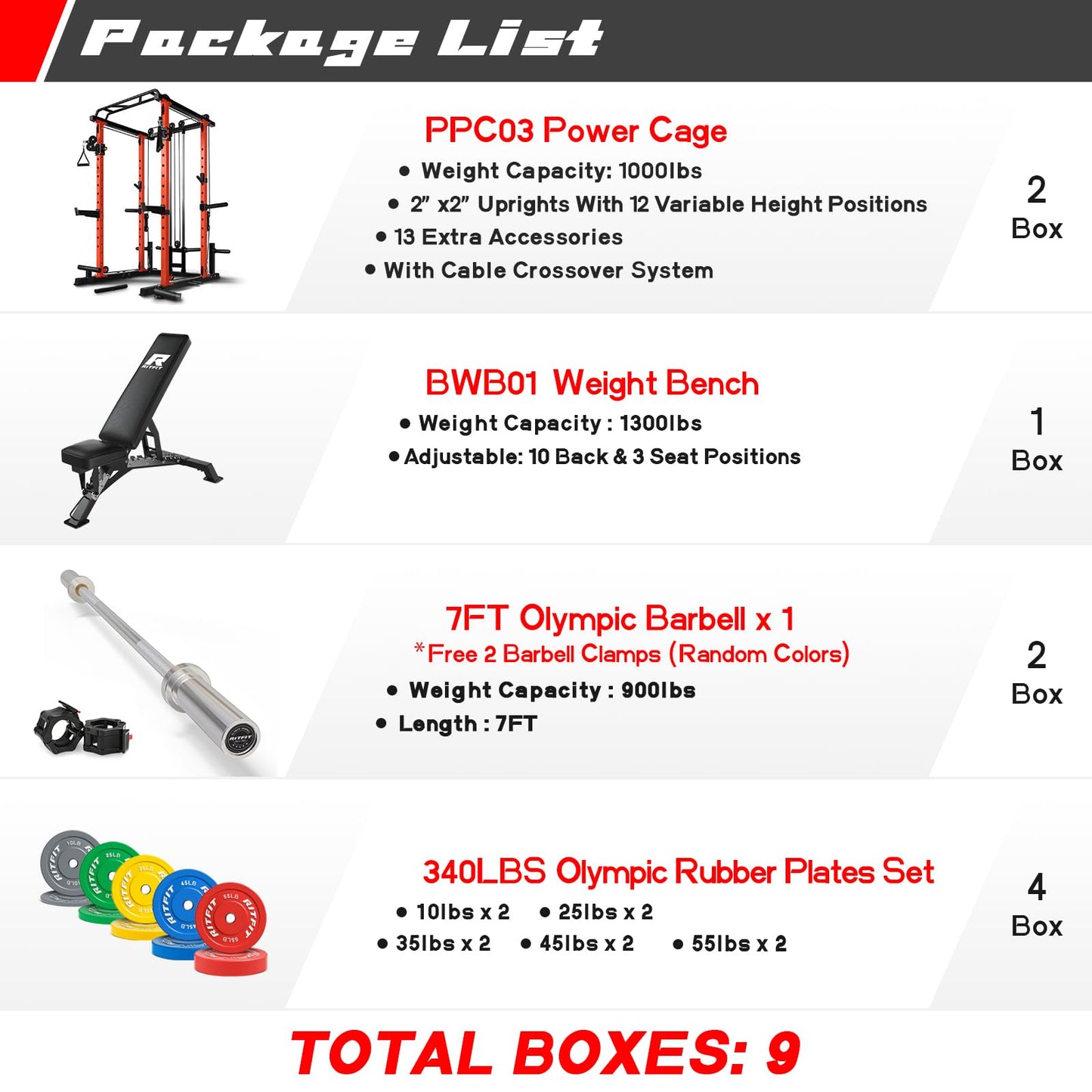 RitFit Multi-Function Squat Rack Power Cage PPC03 with Cable Crossover System, 1000LBS Capacity Power Rack and Packages with Optional Weight Bench, Barbell Weight Set, for Garage Workout & Home Gym