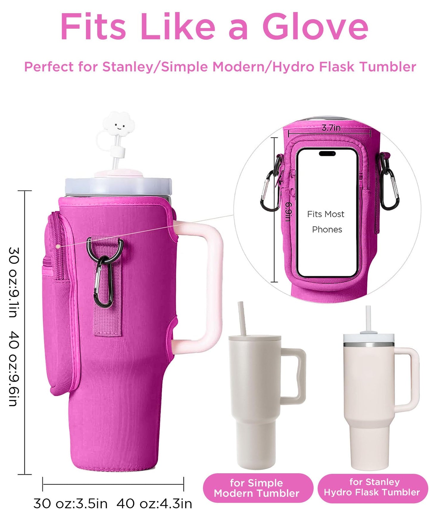 dabria Water Bottle Carrier Bag with Phone Pocket for Stanley 40/30 oz Tumbler Neoprene Water Bottle Holder Pouch with Adjustable Strap Bollus with Straw Cover & Carabiner for Stanley Cup Accessories