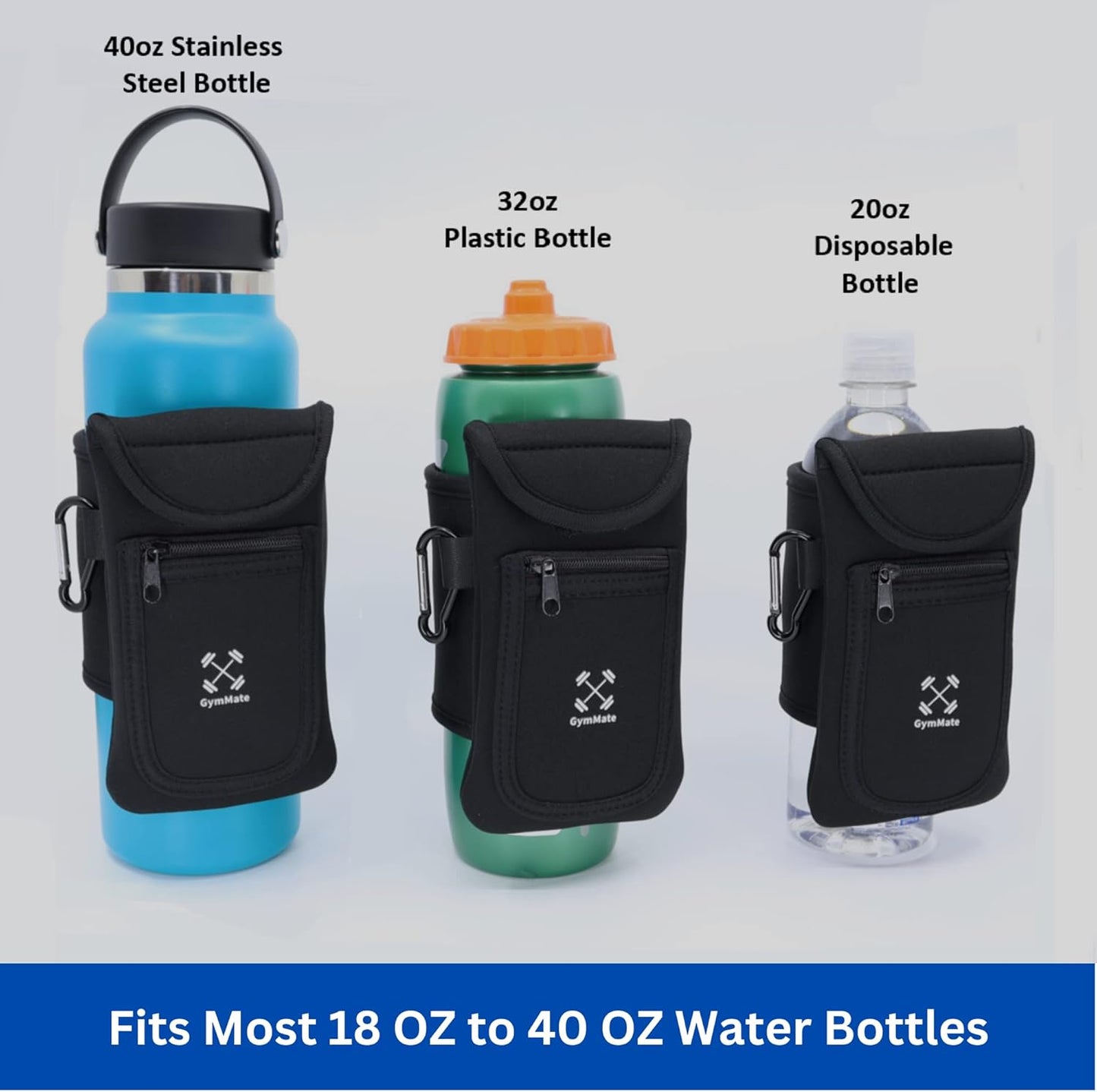 Magnetic Water Bottle Sleeve Pouch. Attaches Magnetically to Metal Surface so Your Bottle is Always within Reach. Accessory Pockets for Cell Phones, Key, Cards, Headphones.