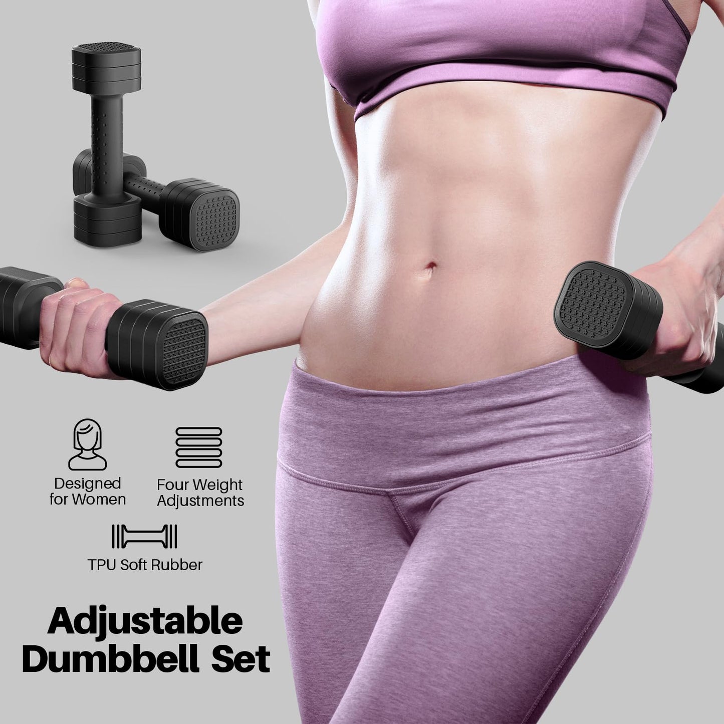 Adjustable Dumbbell Set of 2, 4 in 1 Free Weights Dumbbells Set for Women, Hand Weights for Women at Home, Each 2lb 3lb 4lb 5lb with TPU Soft Rubber Handle for Home Gym Exercise Training