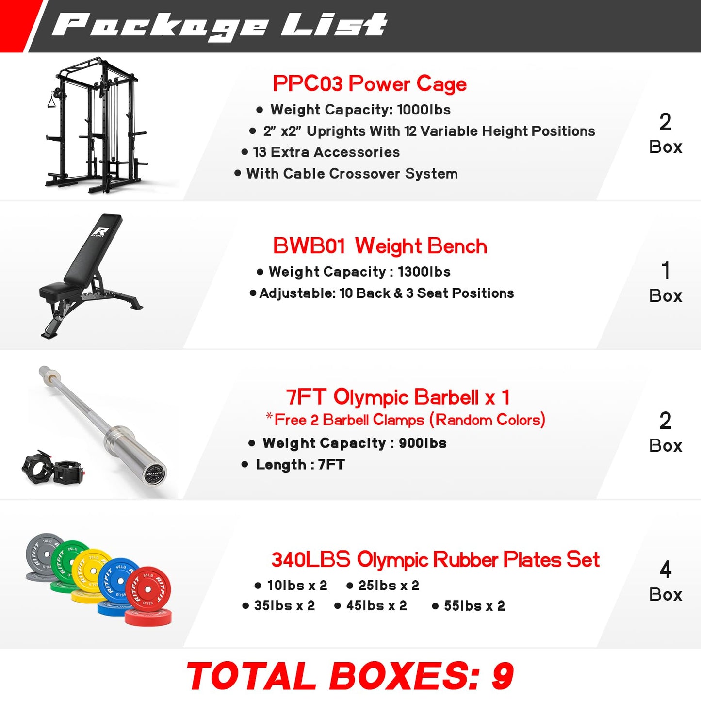 RitFit Multi-Function Squat Rack Power Cage PPC03 with Cable Crossover System, 1000LBS Capacity Power Rack and Packages with Optional Weight Bench, Barbell Weight Set, for Garage Workout & Home Gym