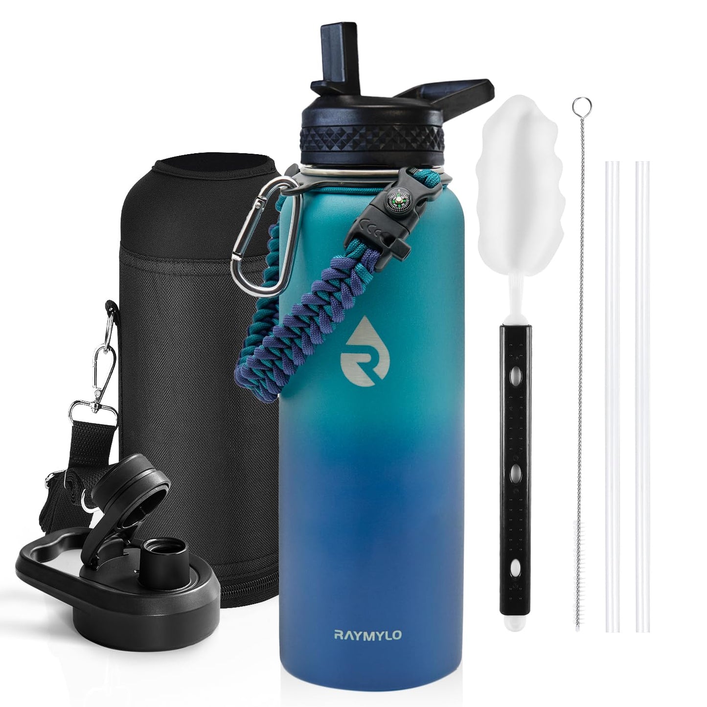 Insulated Water Bottle 64 oz, Triple Wall Vacuum Stainless Steel (Cold for 48 Hrs), Leak Proof & Non-BPA, Half Gallon Water Flask Jug with Paracord Handle & Straw Spout Lids, Magic Black