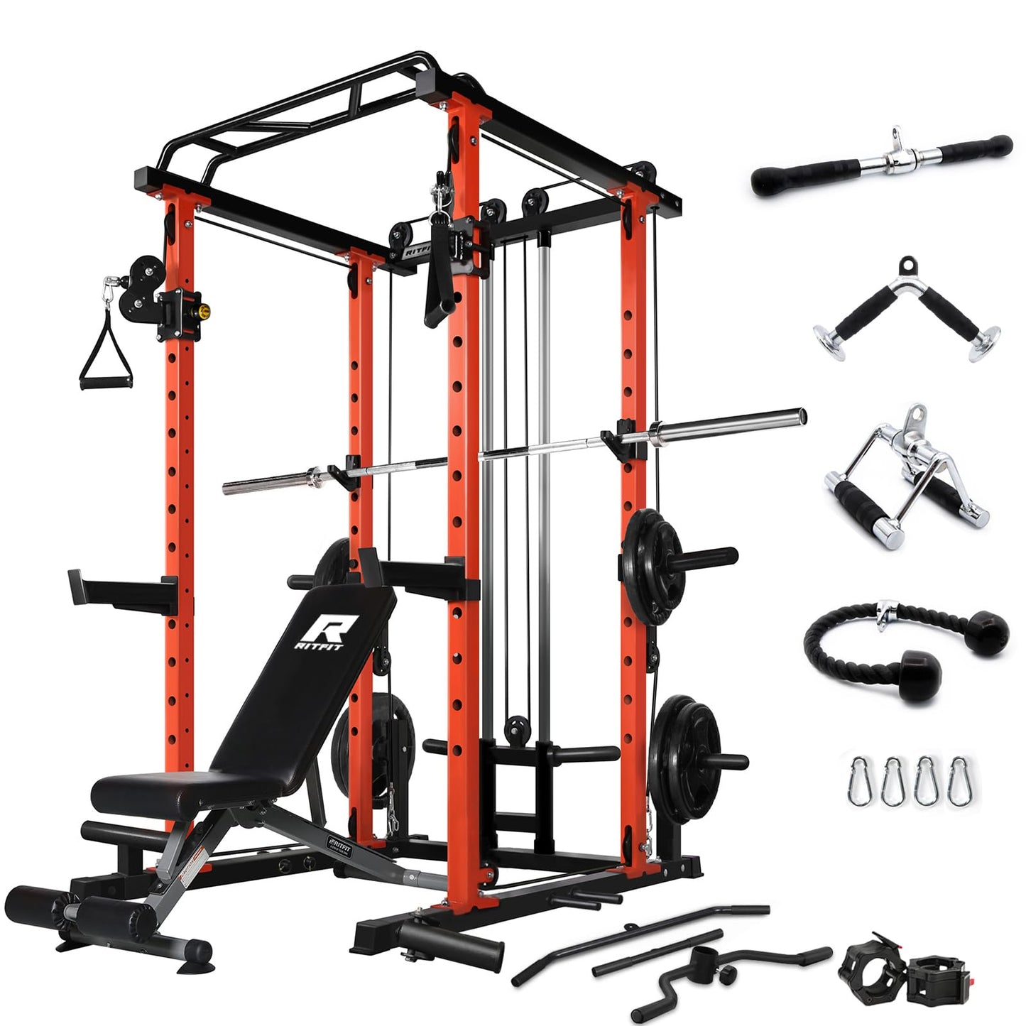 RitFit Multi-Function Squat Rack Power Cage PPC03 with Cable Crossover System, 1000LBS Capacity Power Rack and Packages with Optional Weight Bench, Barbell Weight Set, for Garage Workout & Home Gym