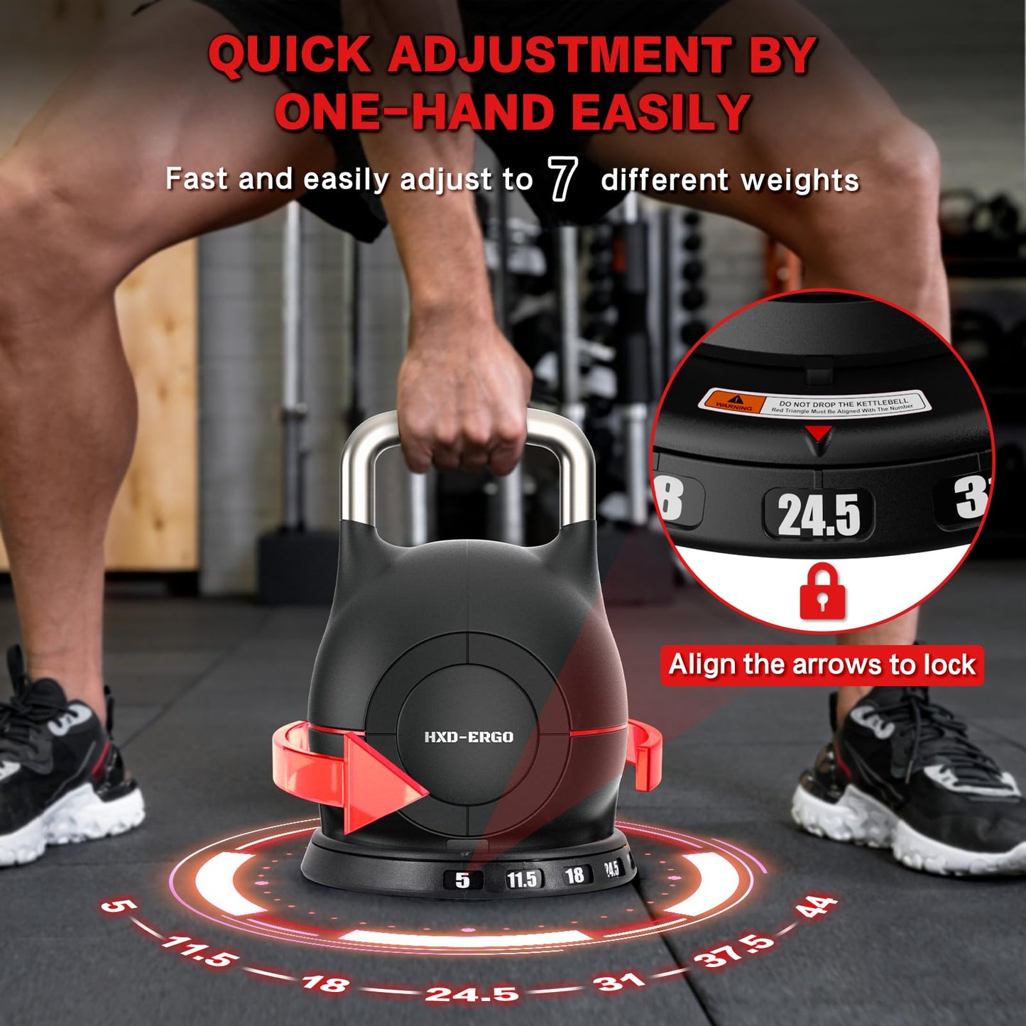 Adjustable Kettlebell Weight Set-Quickly Adjusts 7 Weights(5lb-44lb), Ergonomic kettlebell sets for Home Gym