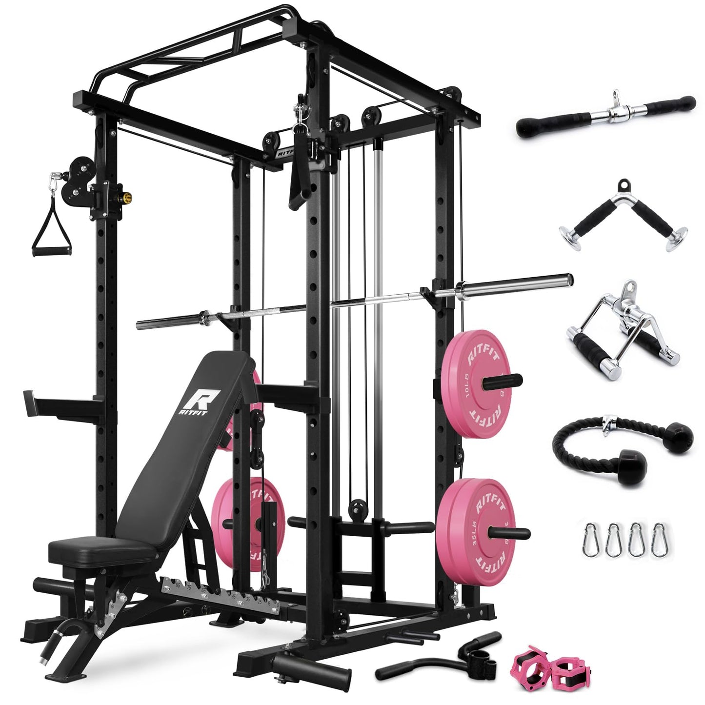 RitFit Multi-Function Squat Rack Power Cage PPC03 with Cable Crossover System, 1000LBS Capacity Power Rack and Packages with Optional Weight Bench, Barbell Weight Set, for Garage Workout & Home Gym