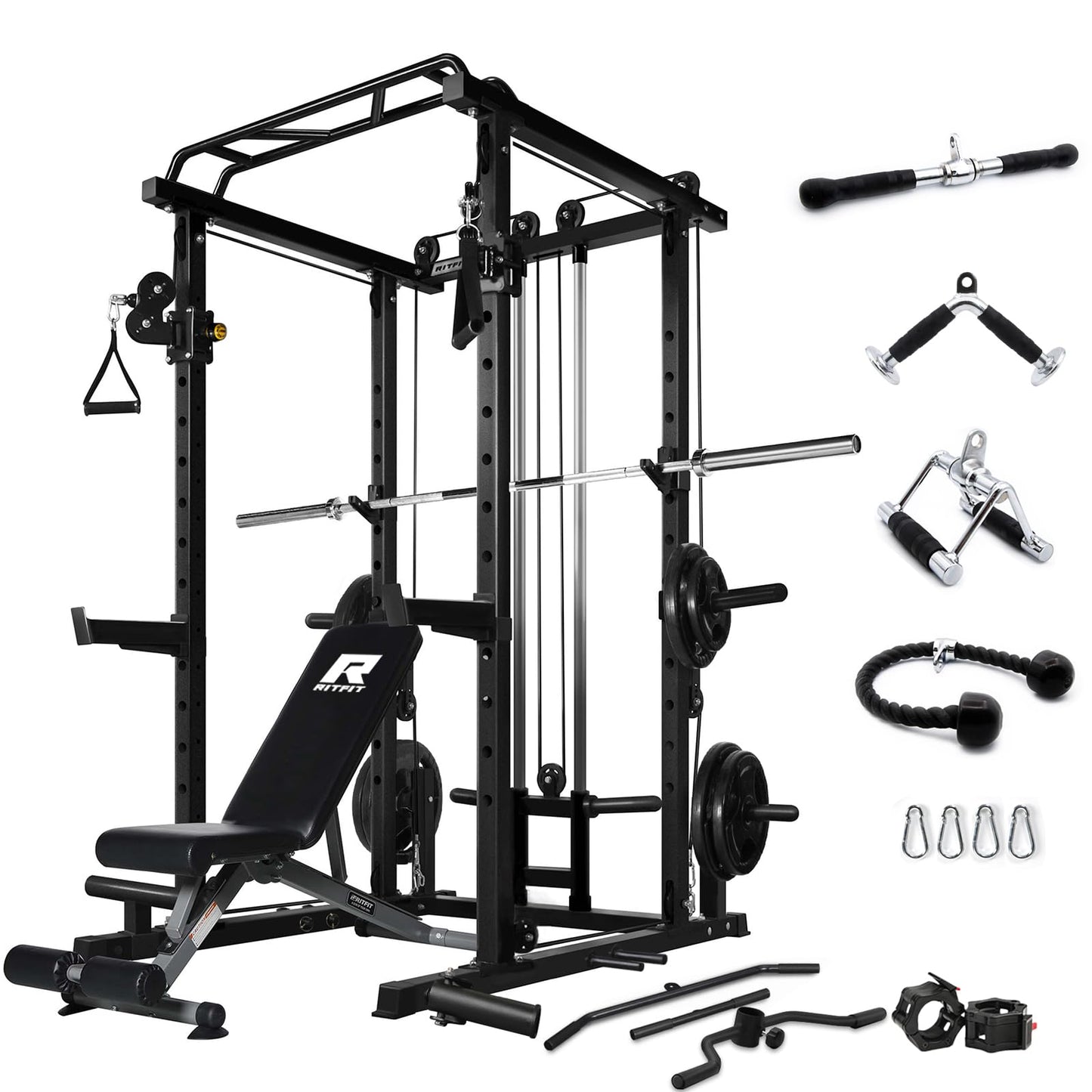 RitFit Multi-Function Squat Rack Power Cage PPC03 with Cable Crossover System, 1000LBS Capacity Power Rack and Packages with Optional Weight Bench, Barbell Weight Set, for Garage Workout & Home Gym