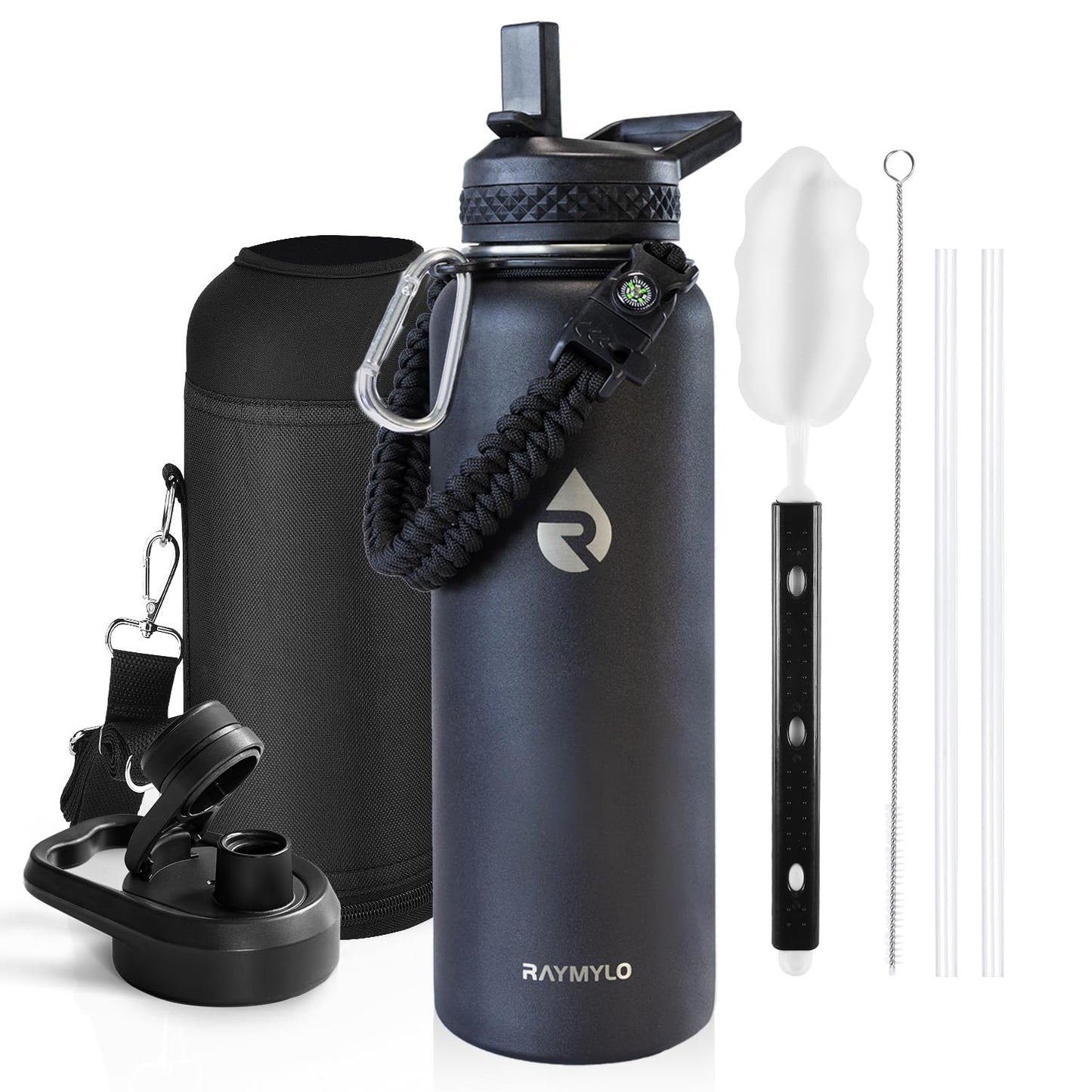 Insulated Water Bottle 64 oz, Triple Wall Vacuum Stainless Steel (Cold for 48 Hrs), Leak Proof & Non-BPA, Half Gallon Water Flask Jug with Paracord Handle & Straw Spout Lids, Magic Black