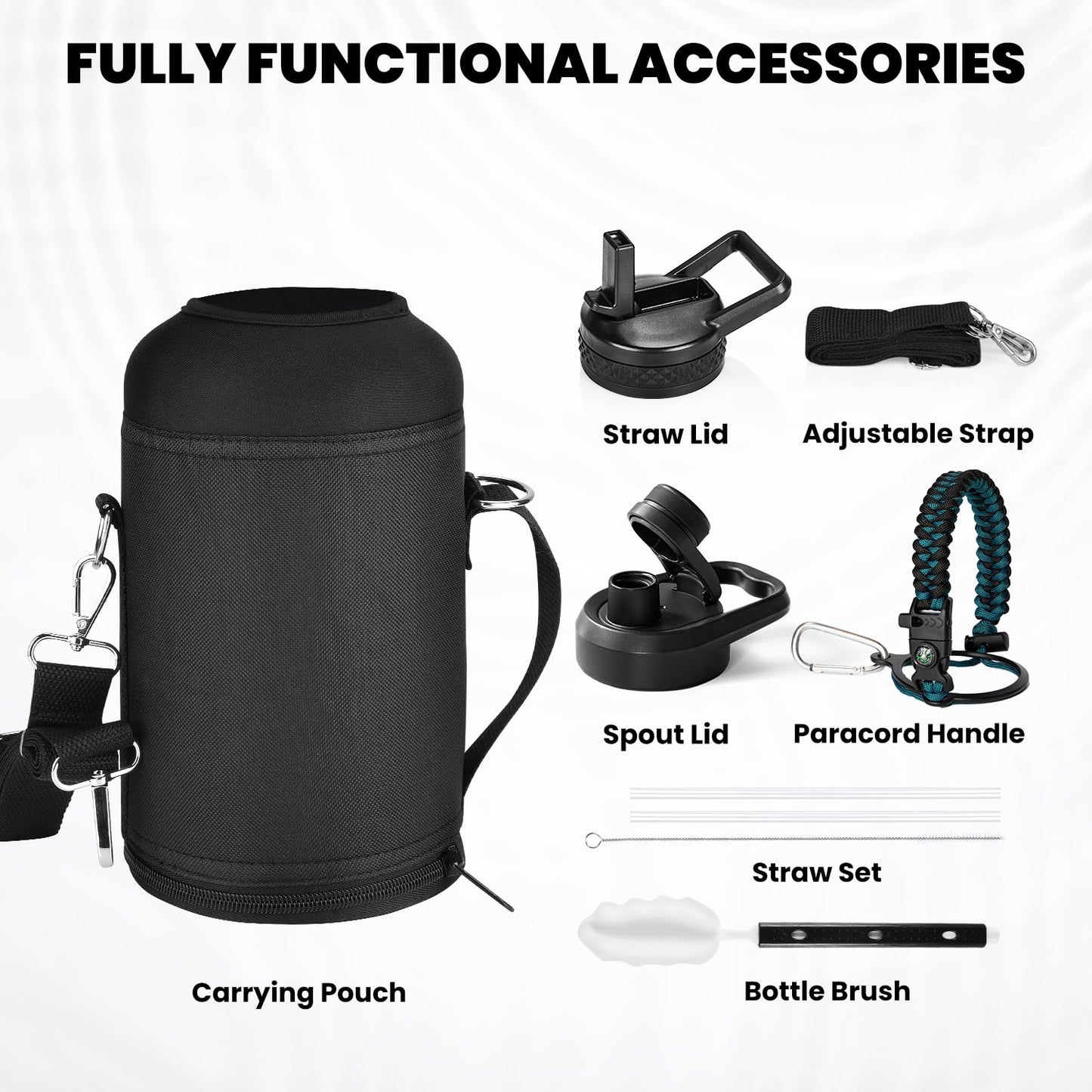 Insulated Water Bottle 64 oz, Triple Wall Vacuum Stainless Steel (Cold for 48 Hrs), Leak Proof & Non-BPA, Half Gallon Water Flask Jug with Paracord Handle & Straw Spout Lids, Magic Black