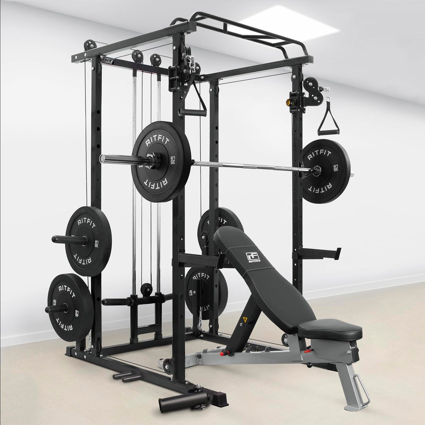 RitFit Multi-Function Squat Rack Power Cage PPC03 with Cable Crossover System, 1000LBS Capacity Power Rack and Packages with Optional Weight Bench, Barbell Weight Set, for Garage Workout & Home Gym