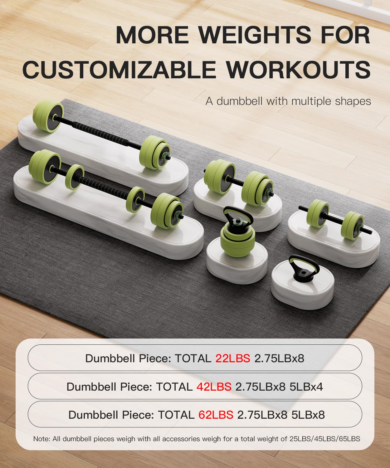 Adjustable Dumbbell Set 22/42/62LBS, 4-in-1 Free Weight Dumbbell Set Used as Kettlebell, Barbell, Dumbbell & Push-Up Stand, Iron Sand Weights Dumbbells with Connector for Home Gym