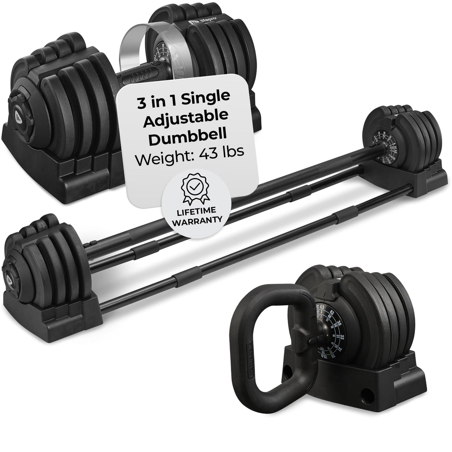 Lifepro Adjustable Dumbbells Set/Single - 15lb 43lb 55lb 25 lb Dumbbell Sets with Rack - Quick Adjust, Secure Grip weights dumbbells set - Compact Hand Weights for Women/Men at Home Gym