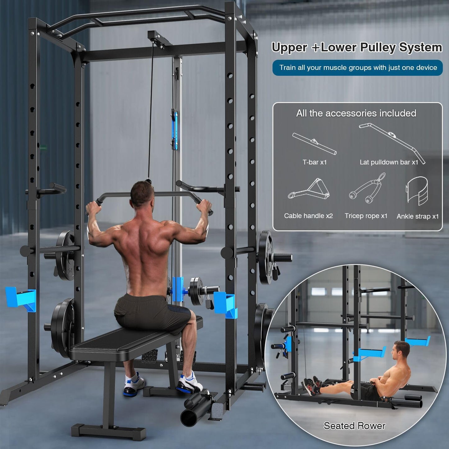 Power Cage, Multi-Functional Power Rack with J-Hooks, Dip Handles, Landmine Attachment and Optional Cable Pulley System for Home Gym