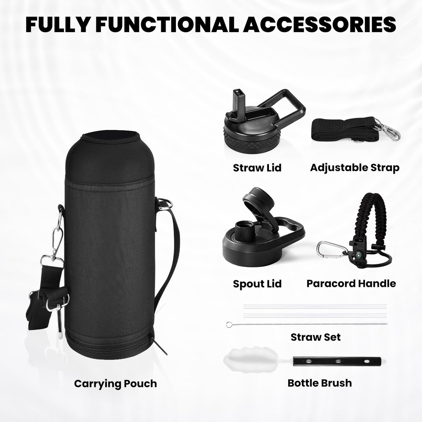 Insulated Water Bottle 64 oz, Triple Wall Vacuum Stainless Steel (Cold for 48 Hrs), Leak Proof & Non-BPA, Half Gallon Water Flask Jug with Paracord Handle & Straw Spout Lids, Magic Black