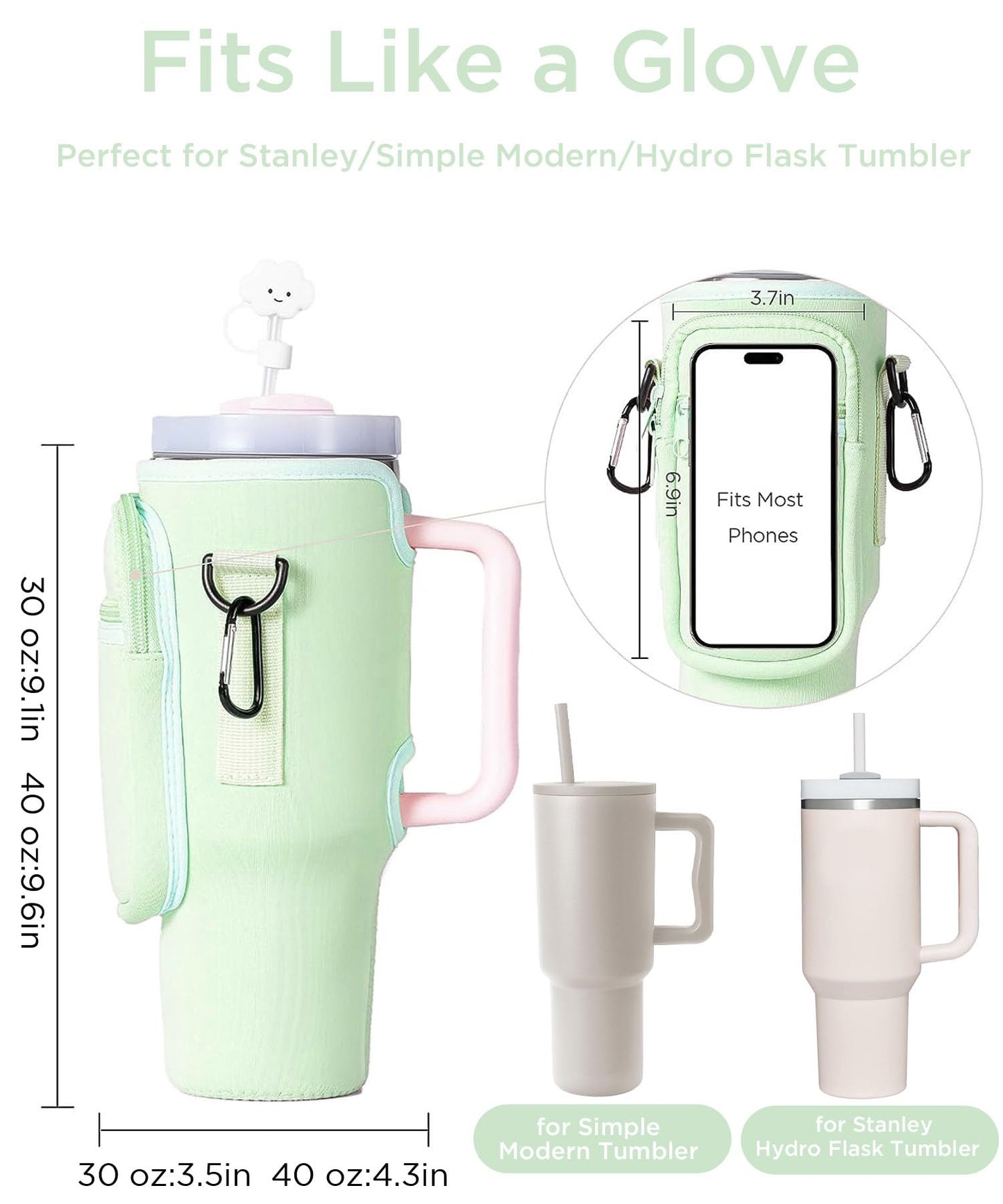 dabria Water Bottle Carrier Bag with Phone Pocket for Stanley 40/30 oz Tumbler Neoprene Water Bottle Holder Pouch with Adjustable Strap Bollus with Straw Cover & Carabiner for Stanley Cup Accessories