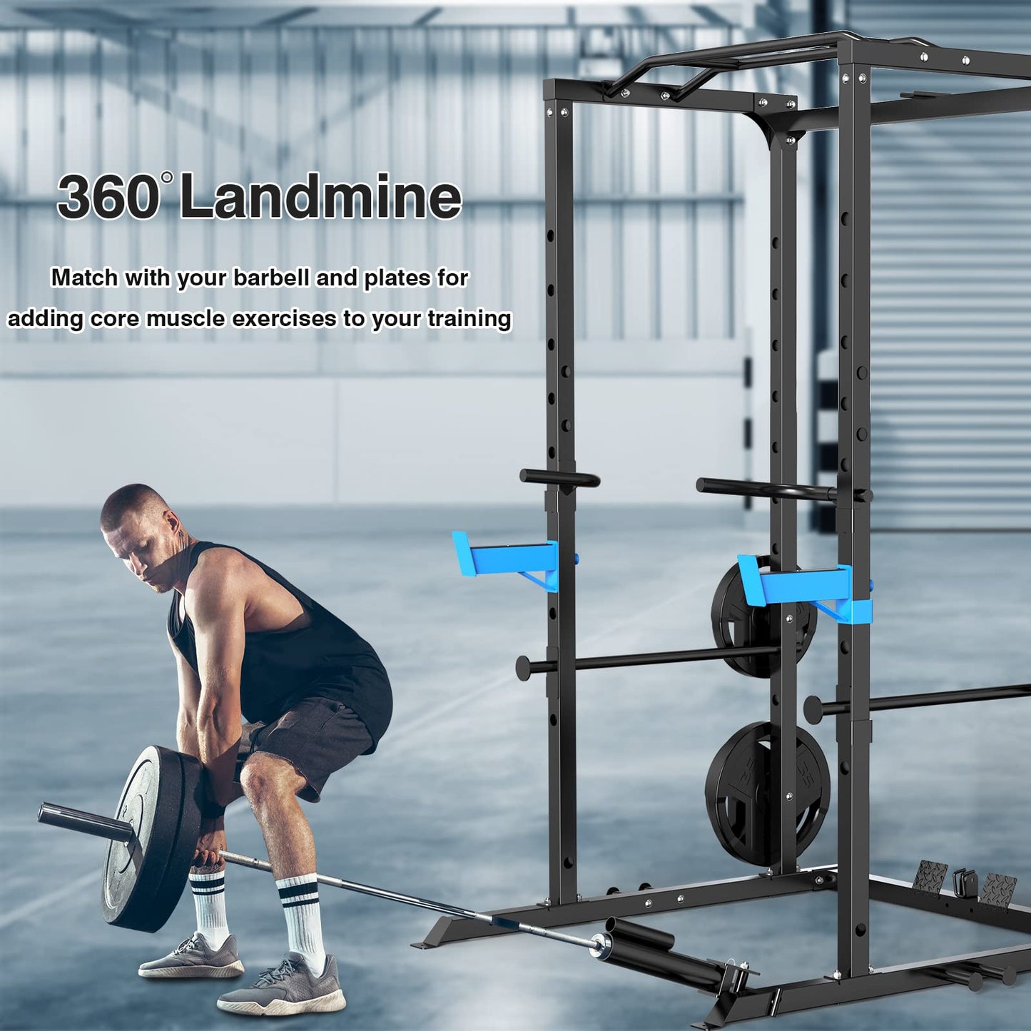 Power Cage, Multi-Functional Power Rack with J-Hooks, Dip Handles, Landmine Attachment and Optional Cable Pulley System for Home Gym