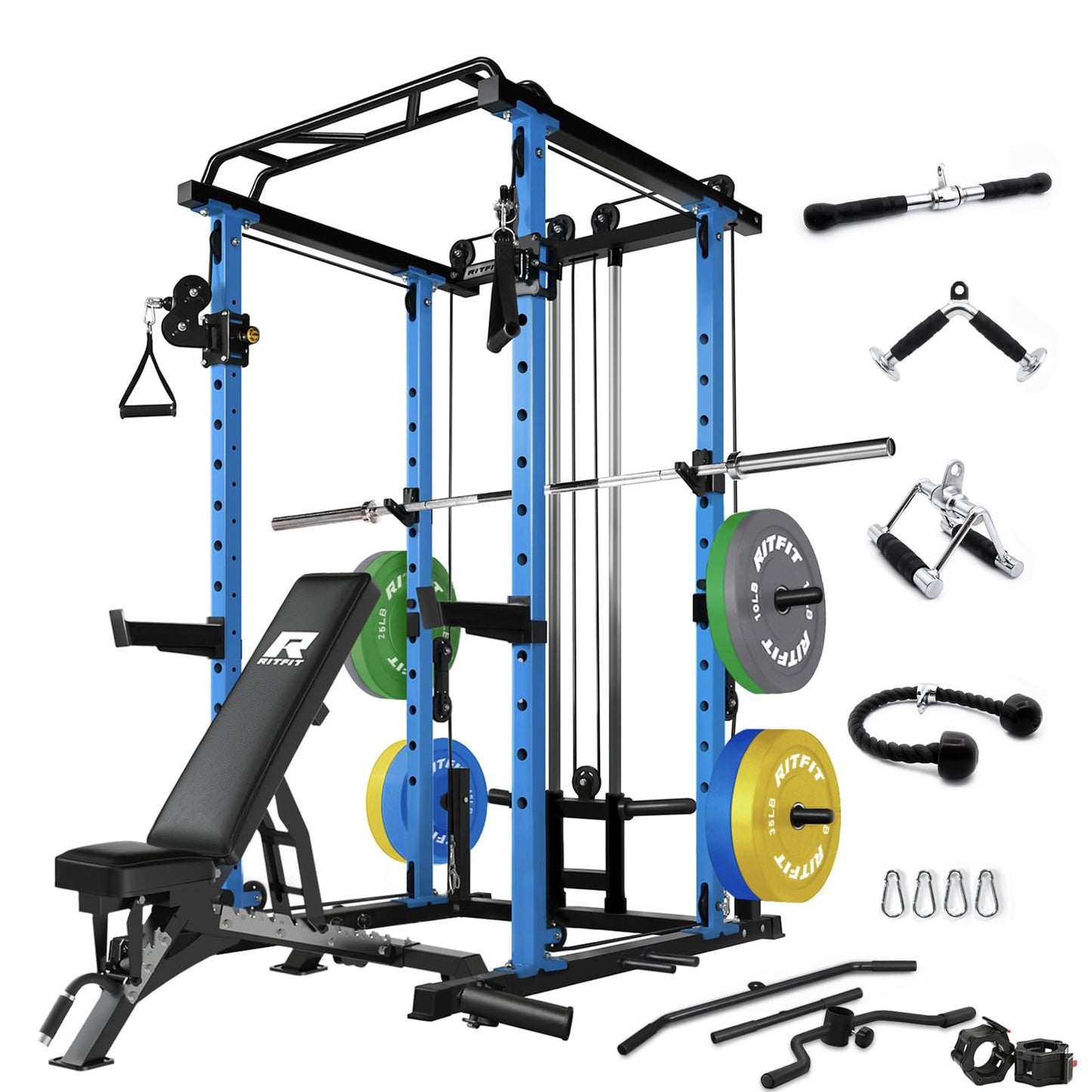 RitFit Multi-Function Squat Rack Power Cage PPC03 with Cable Crossover System, 1000LBS Capacity Power Rack and Packages with Optional Weight Bench, Barbell Weight Set, for Garage Workout & Home Gym