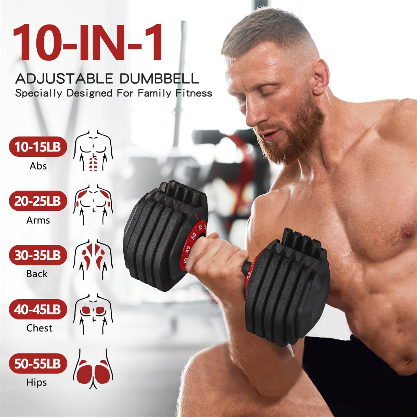 Adjustable Dumbbell 55LB Single Dumbbell Weight, 10-in-1 Weight Dumbbell with Anti-Slip Metal Handle for Comprehensive Full Body Strength Training