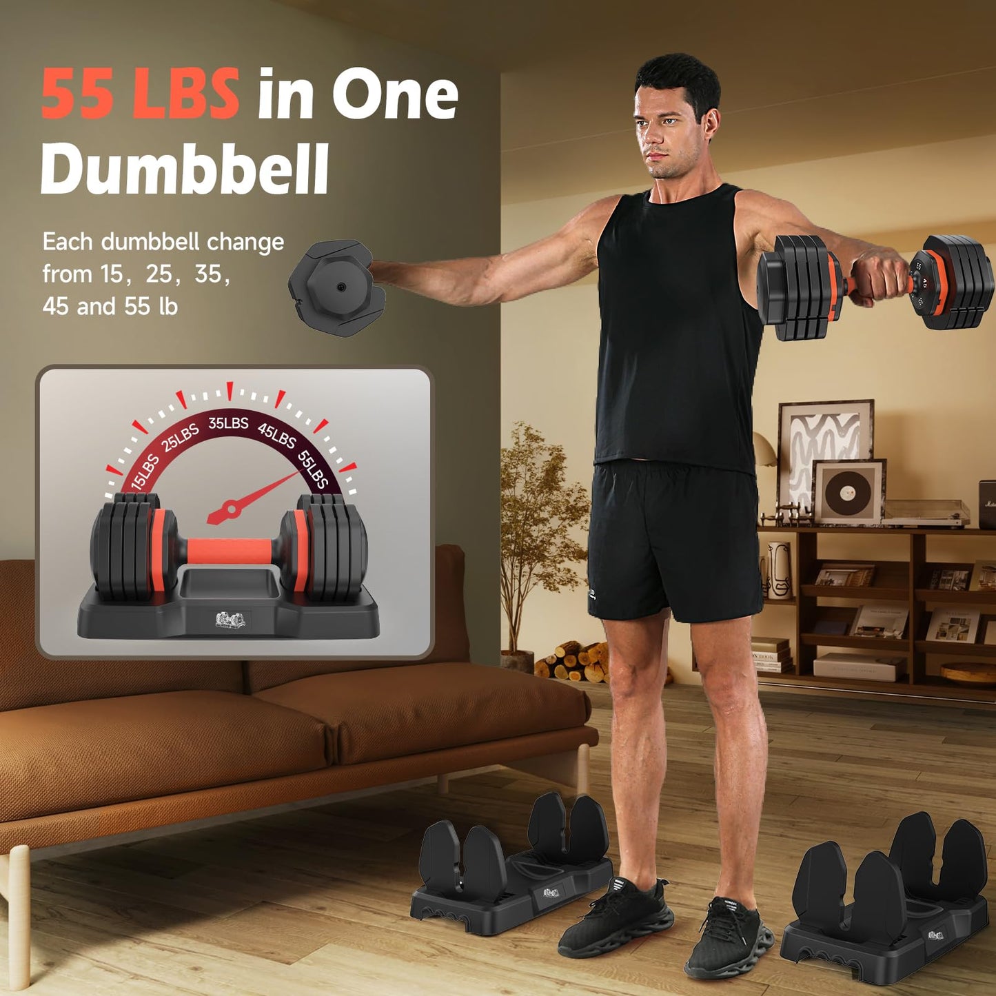 25LB 55LB Adjustable Dumbbells Set, 5LB to 25LB Dumbbells Pair,15LB to 55LB Adjustable Dumbbells of 2, Home Gym Weight Dumbbells Set 50lbs/110lbs, Anti-Slip Handle for Exercise Equipment