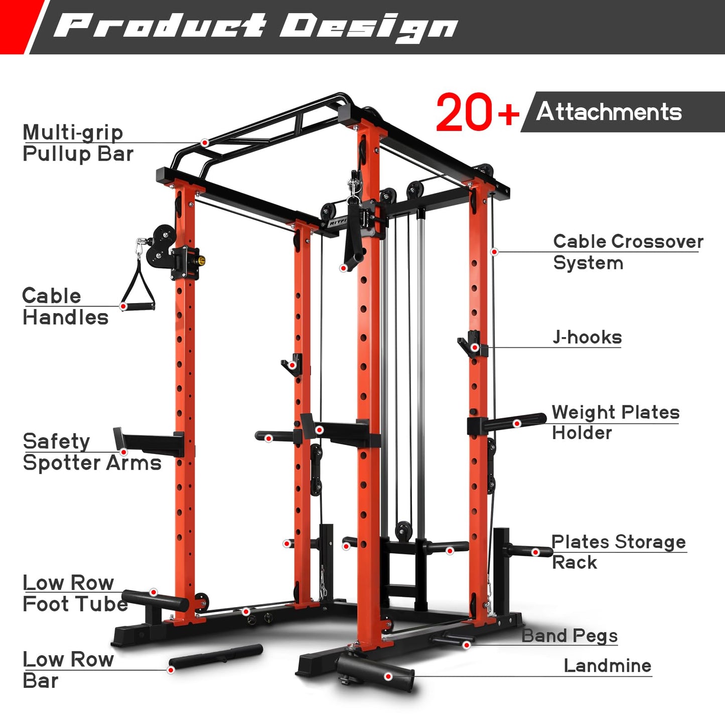 RitFit Multi-Function Squat Rack Power Cage PPC03 with Cable Crossover System, 1000LBS Capacity Power Rack and Packages with Optional Weight Bench, Barbell Weight Set, for Garage Workout & Home Gym