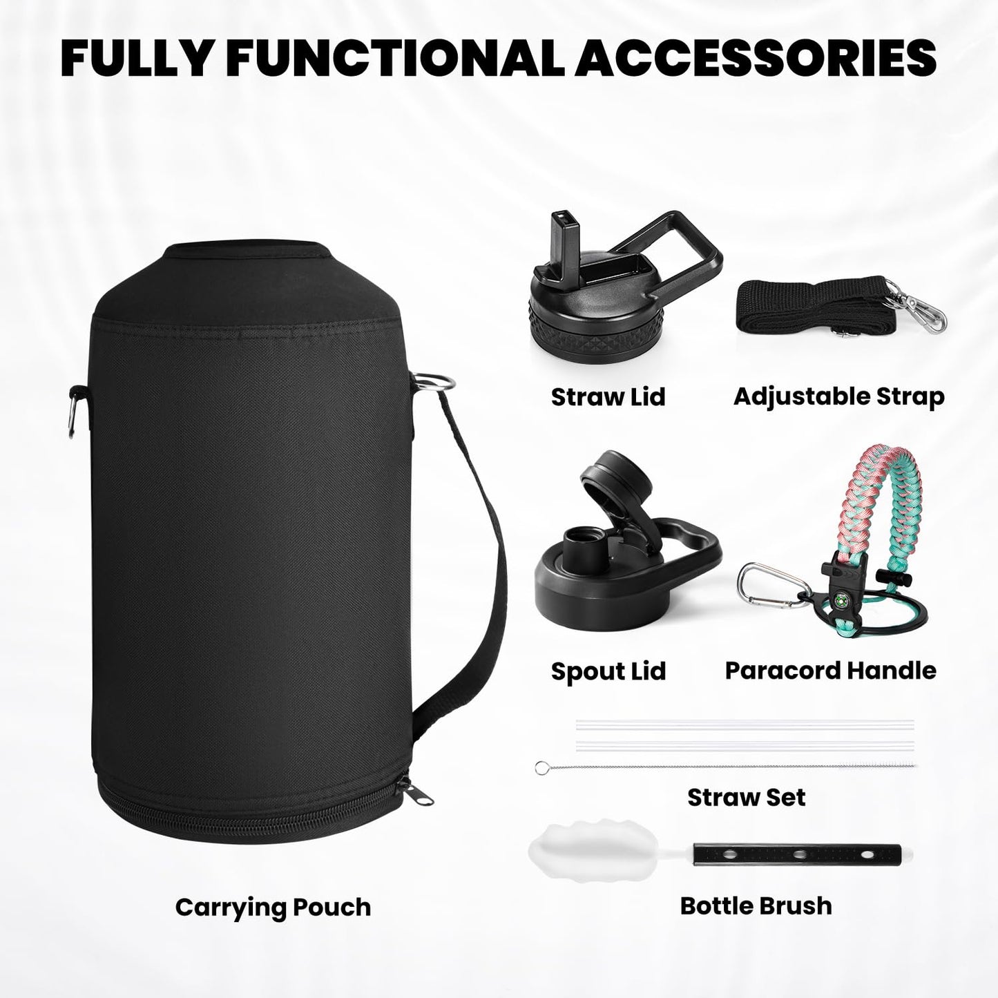 Insulated Water Bottle 64 oz, Triple Wall Vacuum Stainless Steel (Cold for 48 Hrs), Leak Proof & Non-BPA, Half Gallon Water Flask Jug with Paracord Handle & Straw Spout Lids, Magic Black