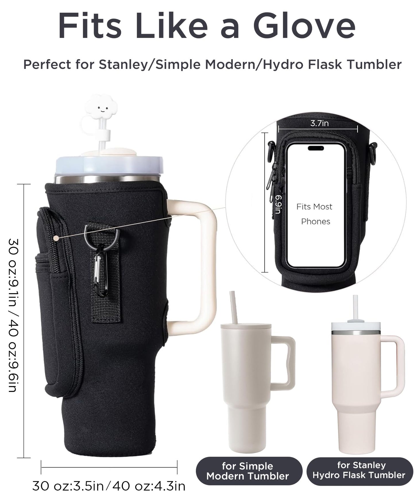 dabria Water Bottle Carrier Bag with Phone Pocket for Stanley 40/30 oz Tumbler Neoprene Water Bottle Holder Pouch with Adjustable Strap Bollus with Straw Cover & Carabiner for Stanley Cup Accessories