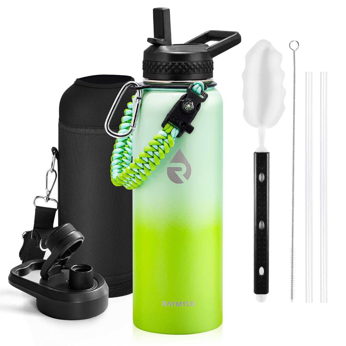 Insulated Water Bottle 64 oz, Triple Wall Vacuum Stainless Steel (Cold for 48 Hrs), Leak Proof & Non-BPA, Half Gallon Water Flask Jug with Paracord Handle & Straw Spout Lids, Magic Black