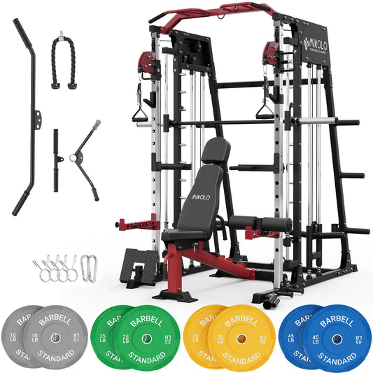 Mikolo Smith Machine, 2200lbs Squat Rack with LAT-Pull Down System & Cable Crossover Machine, Training Equipment with Leg Hold-Down Attachment, Garage & Home Gym Package