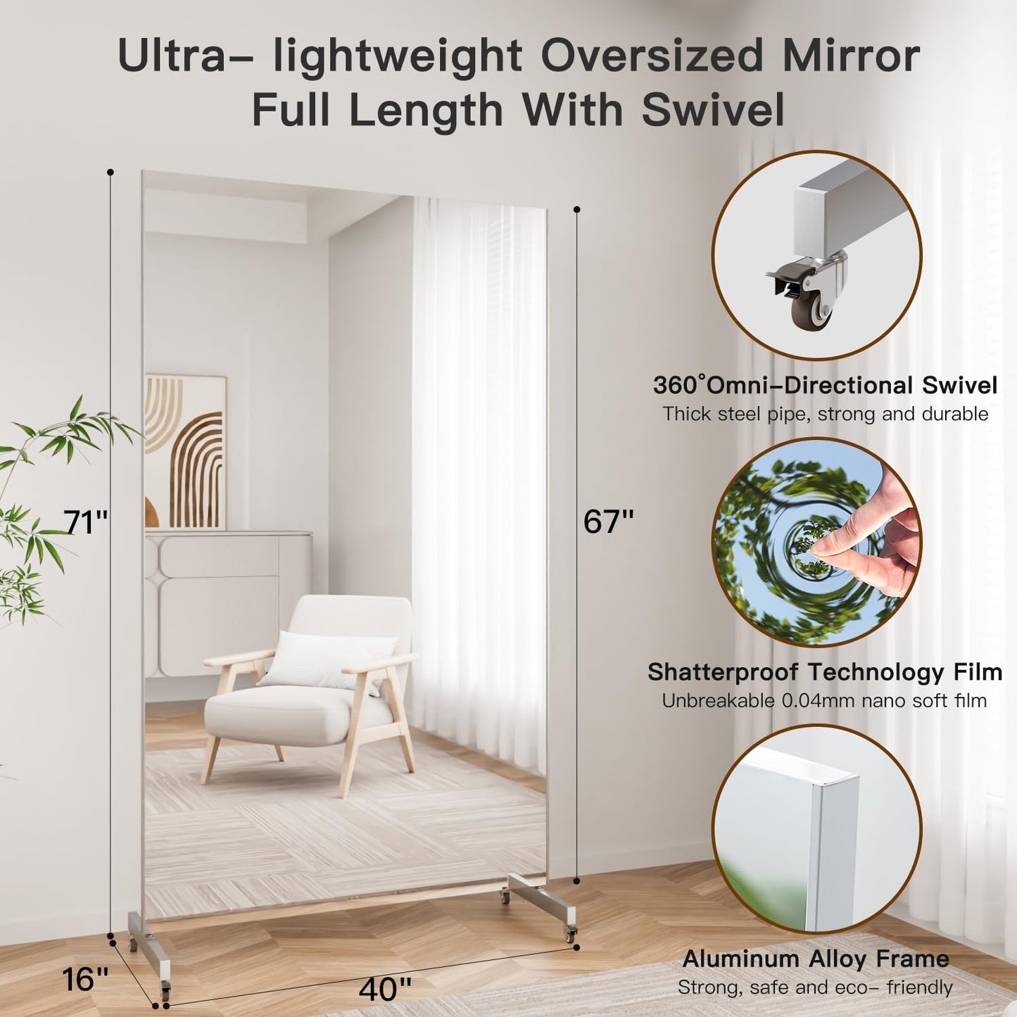 brisafe Home Gym Mirror 360° Swivel on Wheels, 67" X 40" Extra Large Full Body Rolling Mirror for Yoga, Nano Film Super Lightweight Unbreakable Full Length Mirror, White