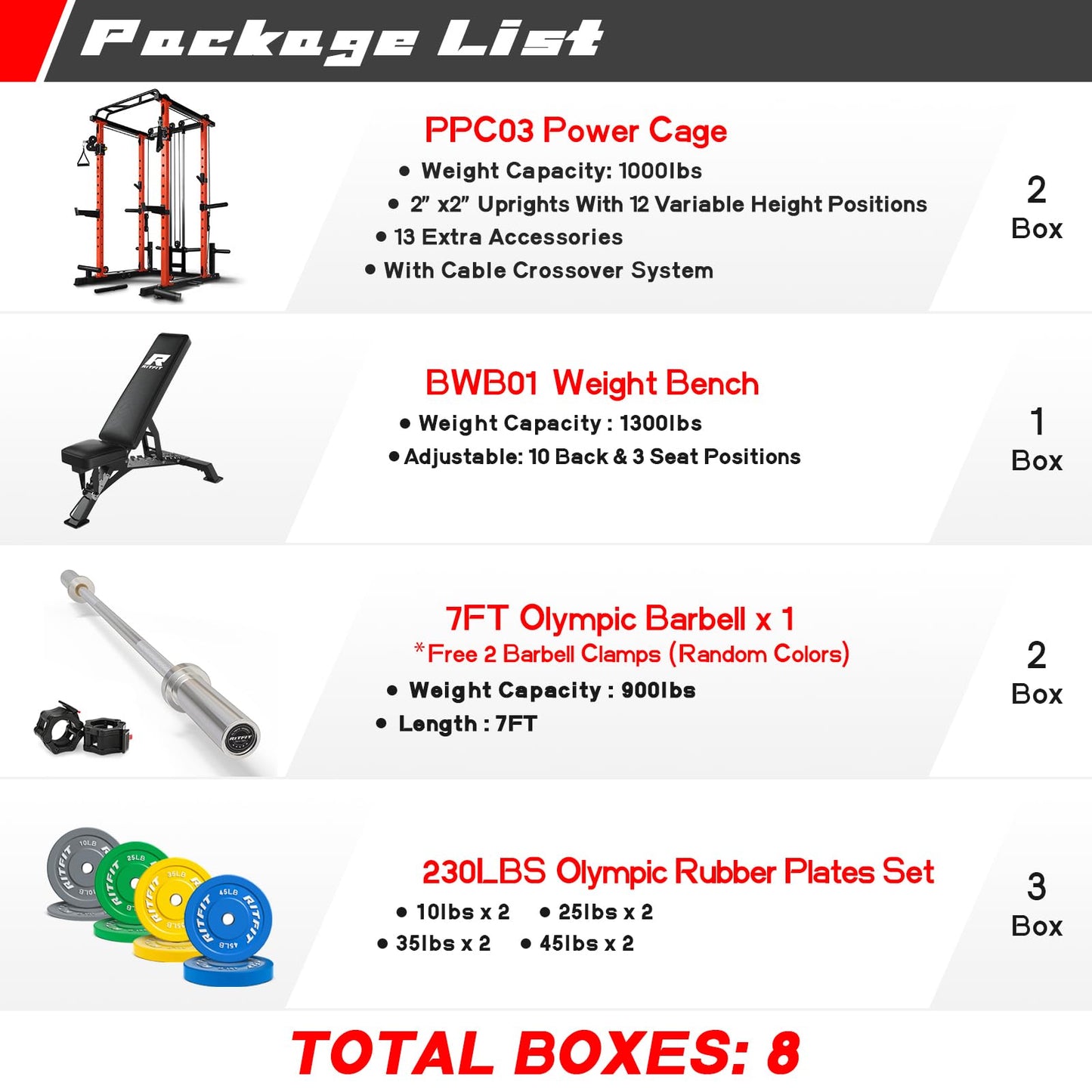 RitFit Multi-Function Squat Rack Power Cage PPC03 with Cable Crossover System, 1000LBS Capacity Power Rack and Packages with Optional Weight Bench, Barbell Weight Set, for Garage Workout & Home Gym