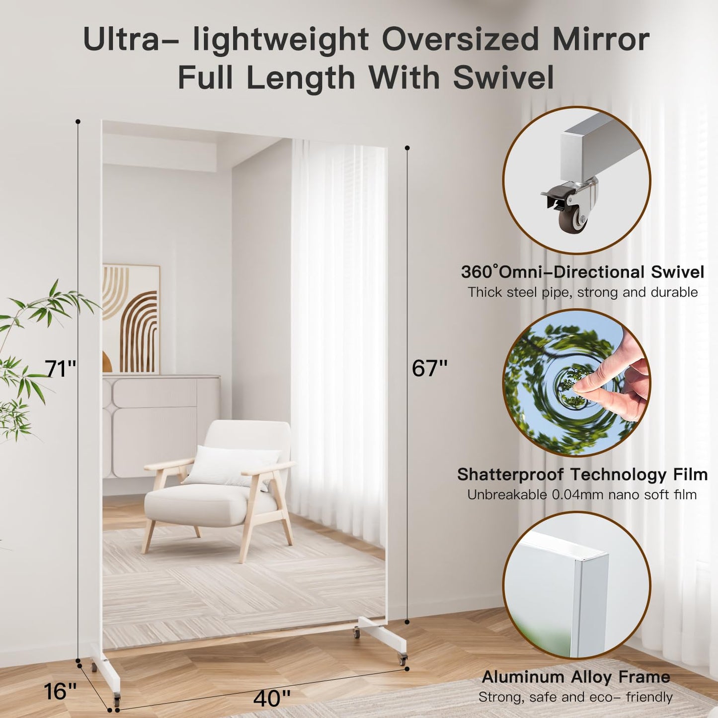 brisafe Home Gym Mirror 360° Swivel on Wheels, 67" X 40" Extra Large Full Body Rolling Mirror for Yoga, Nano Film Super Lightweight Unbreakable Full Length Mirror, White